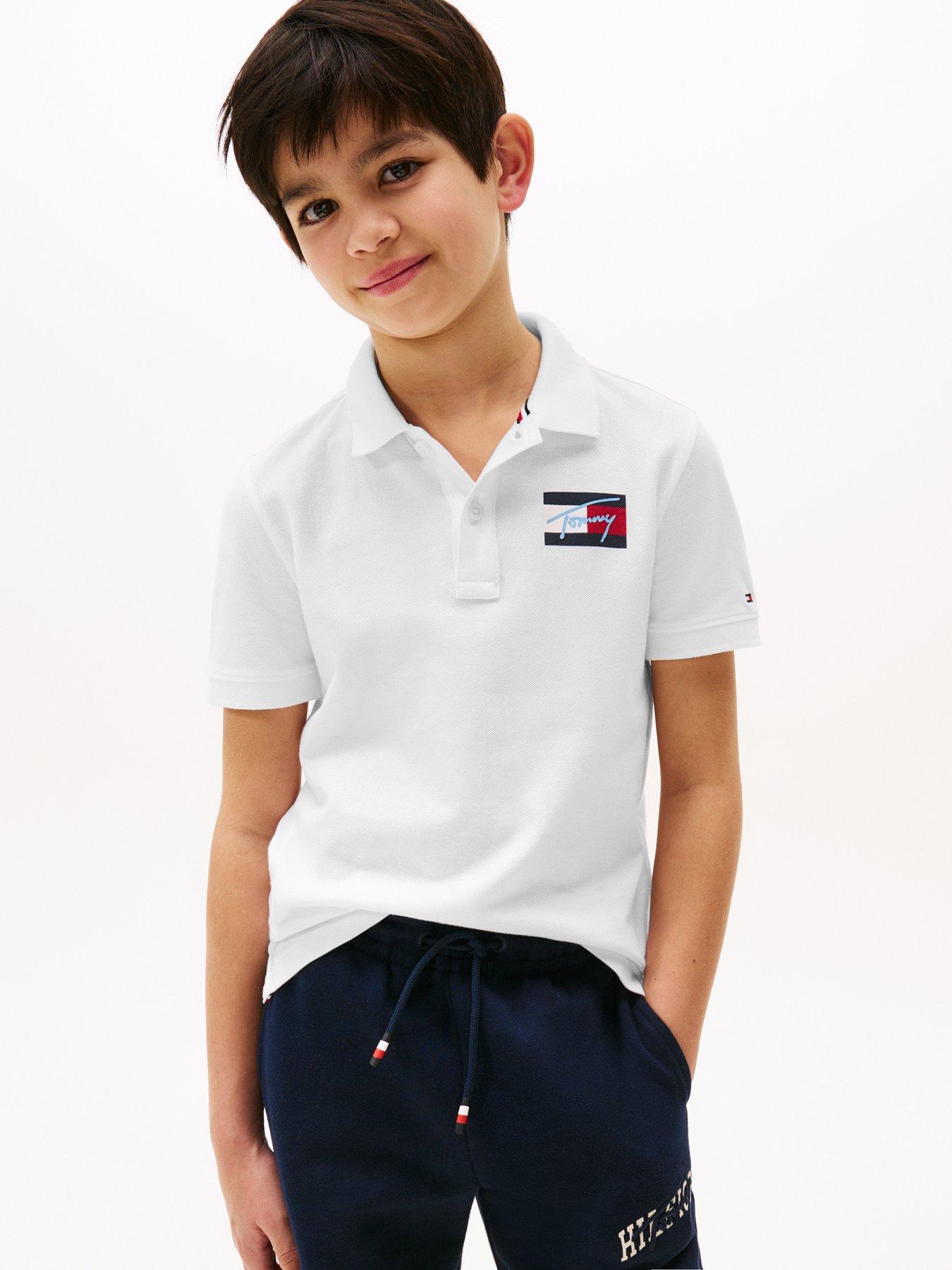 undefined Boys Script Flag Short Sleeve Polo Shirt - White