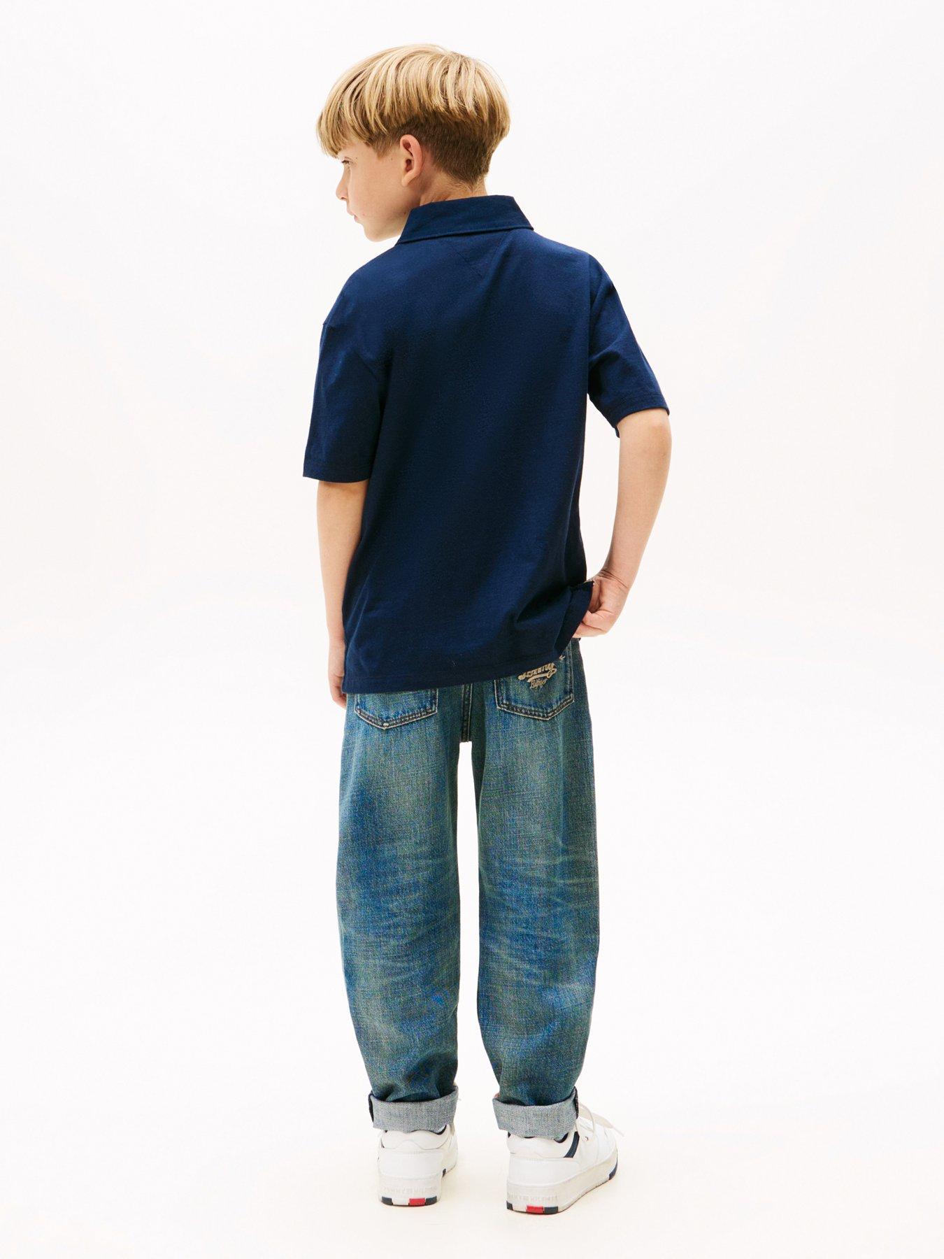 Image 2 of 4 of Tommy Hilfiger Boys Archive Th Mixed Graphic Short Sleeve Polo Shirt - Navy
