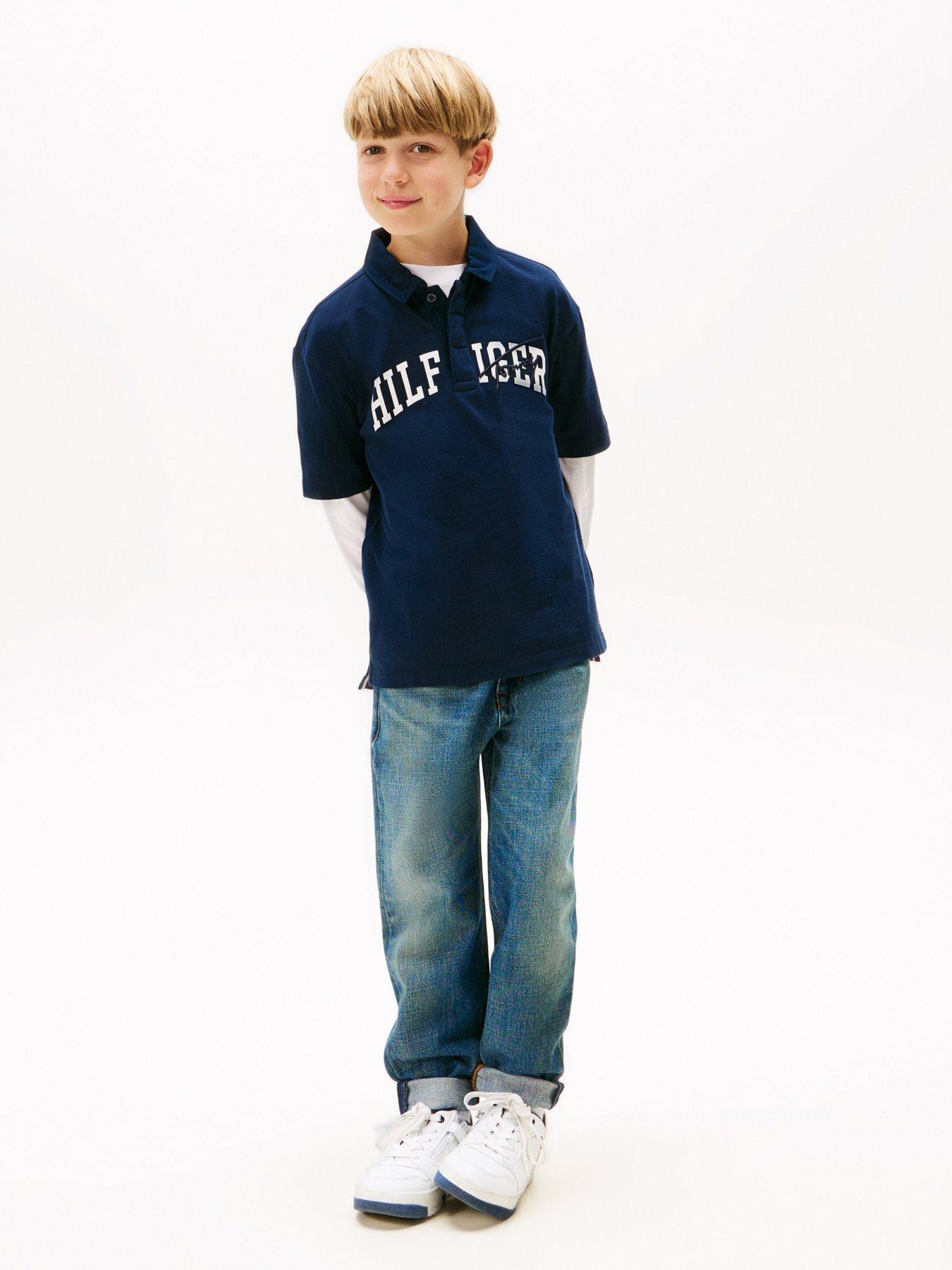 Image 3 of 4 of Tommy Hilfiger Boys Archive Th Mixed Graphic Short Sleeve Polo Shirt - Navy