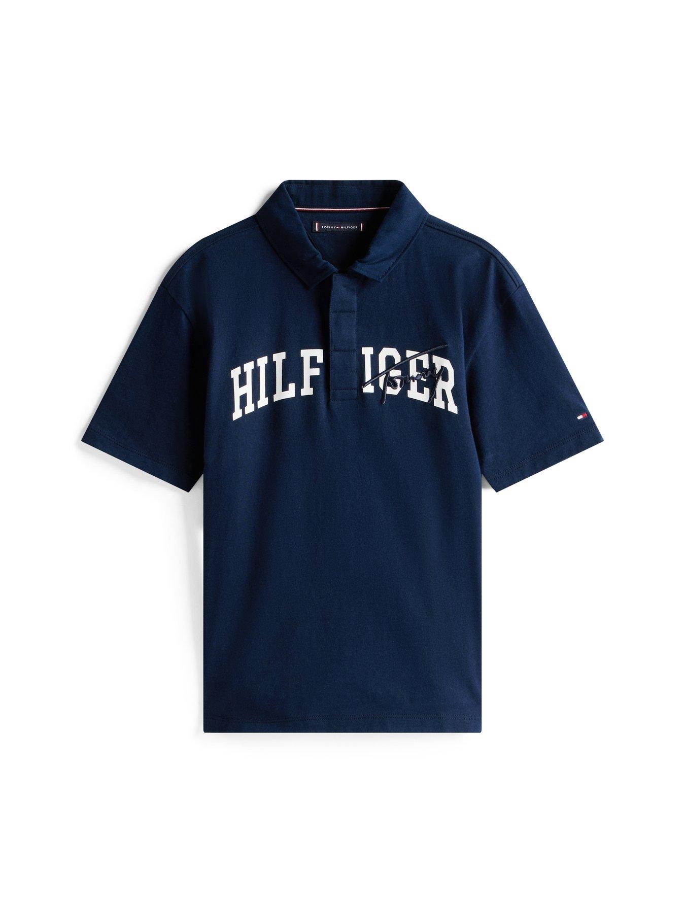 Image 4 of 4 of Tommy Hilfiger Boys Archive Th Mixed Graphic Short Sleeve Polo Shirt - Navy