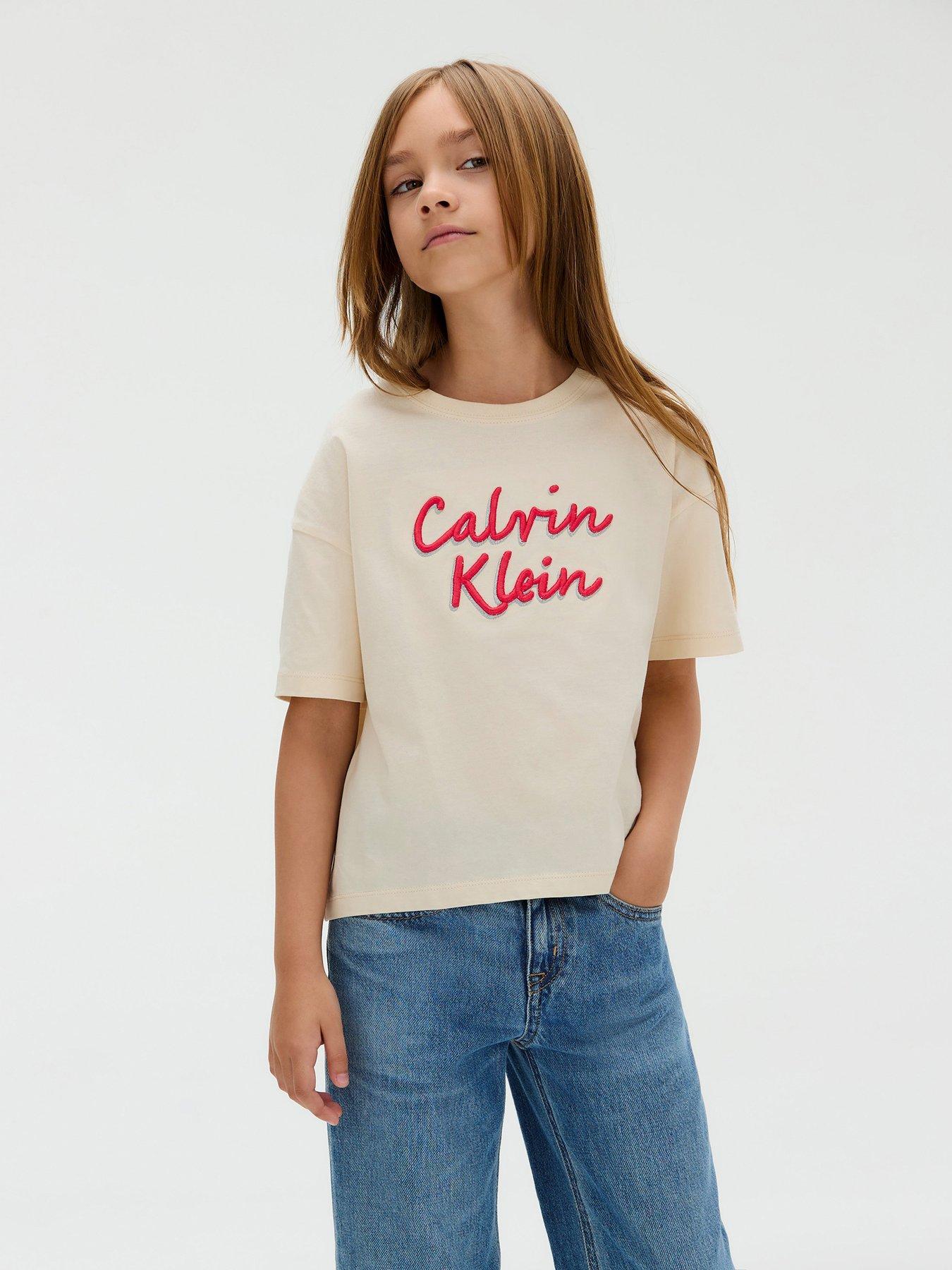 undefined Girls Metallic Logo Tech Short Sleeve Boxy T-Shirt - Beige