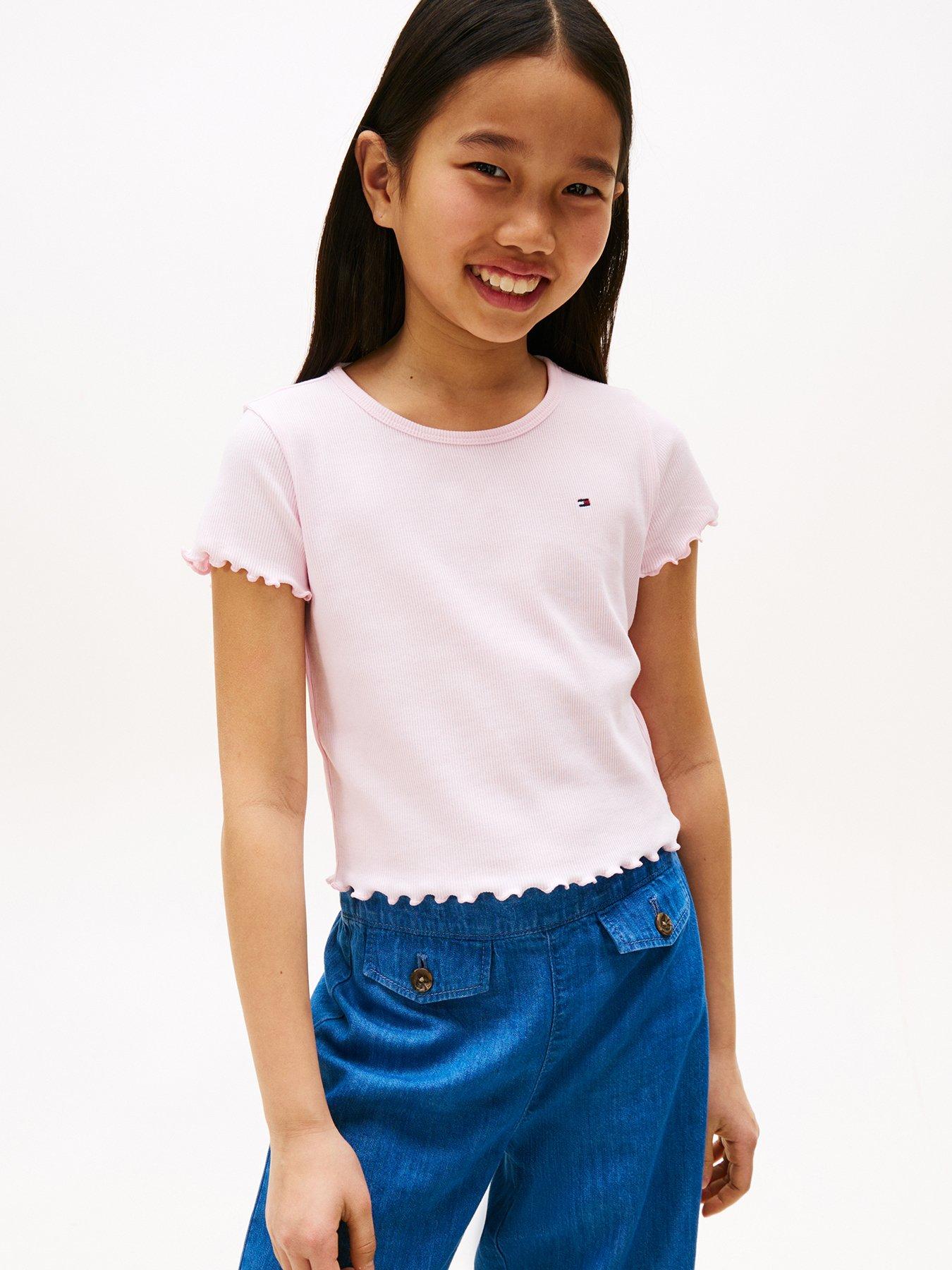 Image 1 of 4 of Tommy Hilfiger Girls Essential Rib Short Sleeve Top - Light Pink