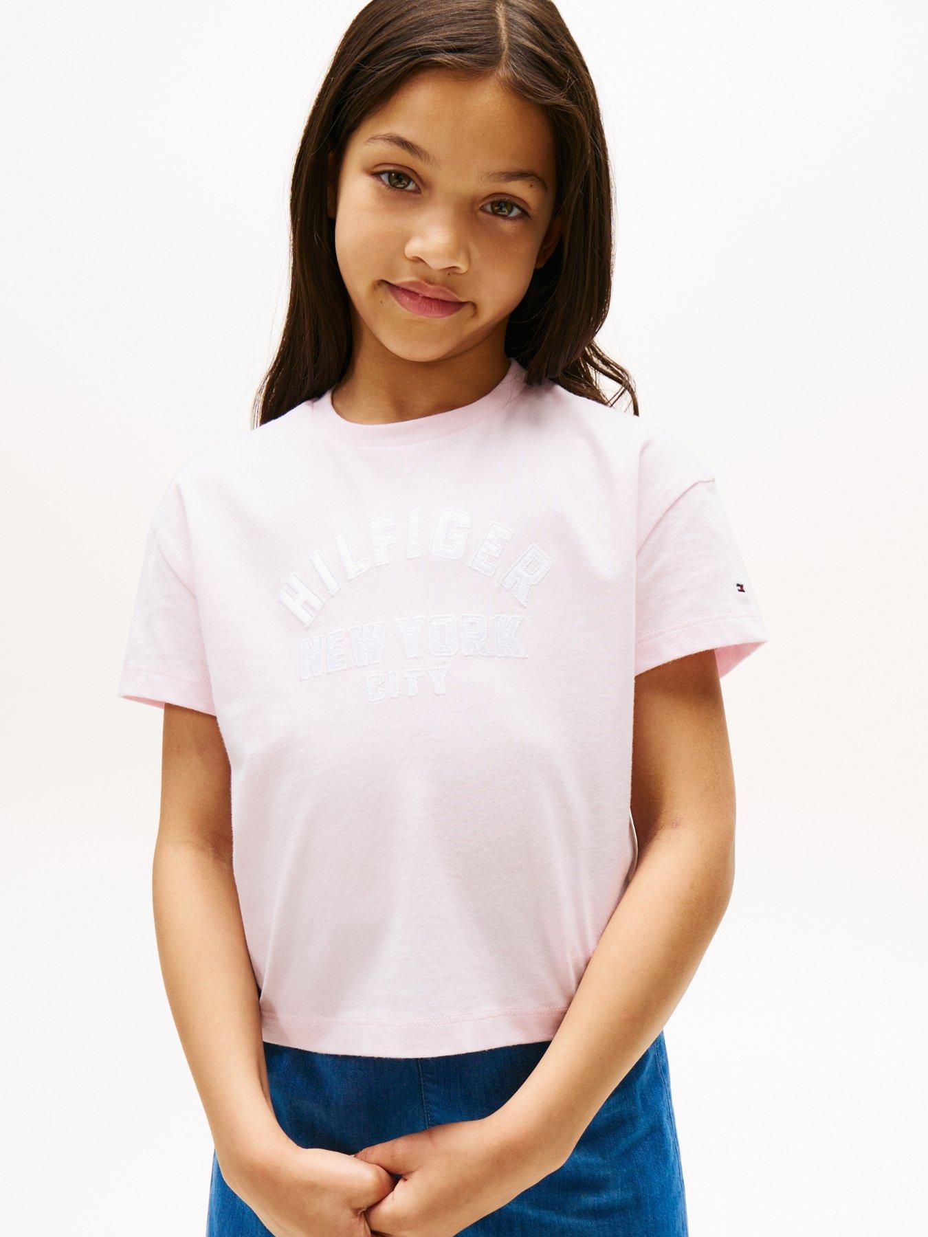 undefined Girls Satin Applique Short Sleeve T-Shirt - Light Pink