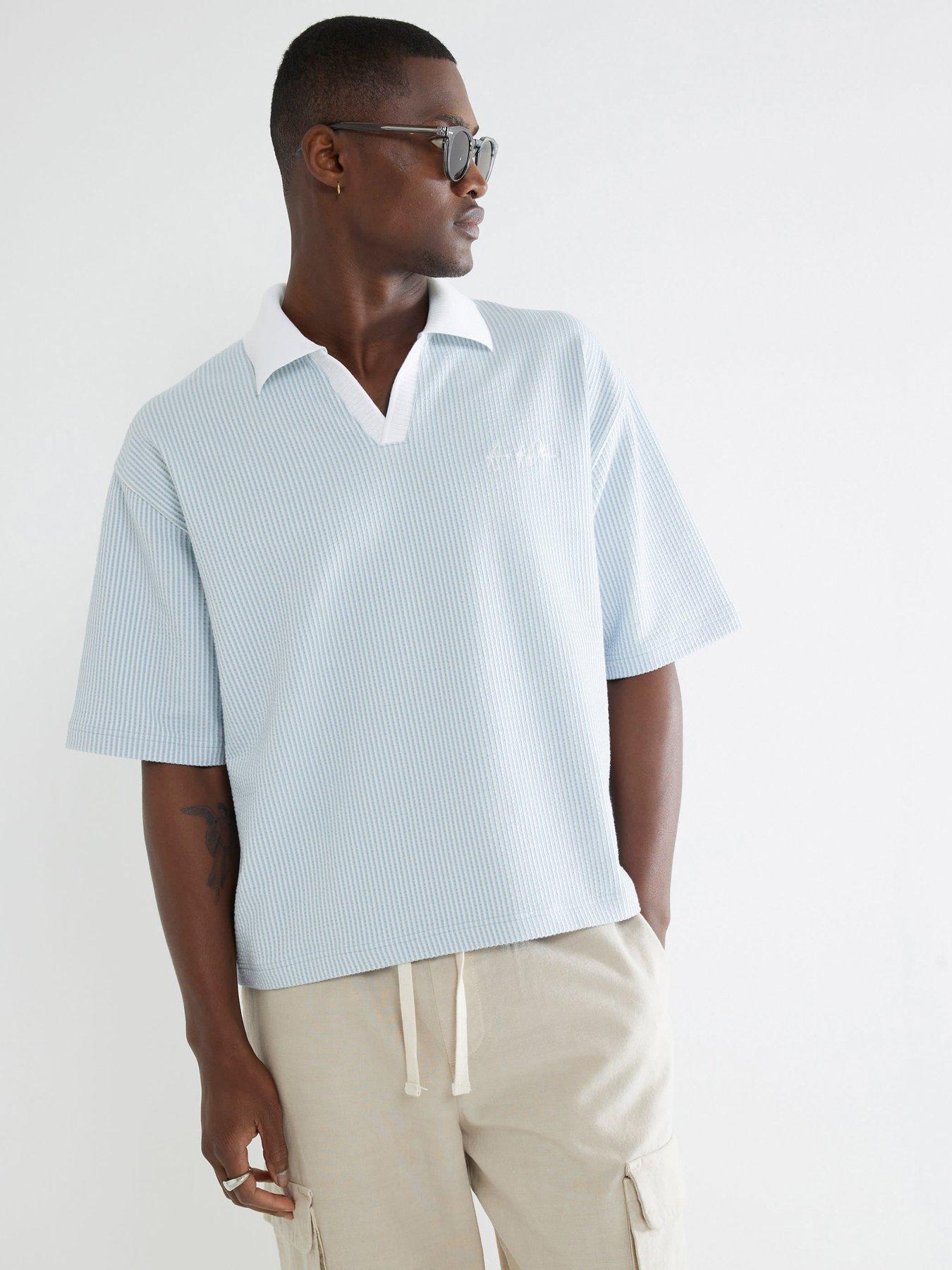 undefined Seersucker Boxy Open Neck Polo Shirt - Blue
