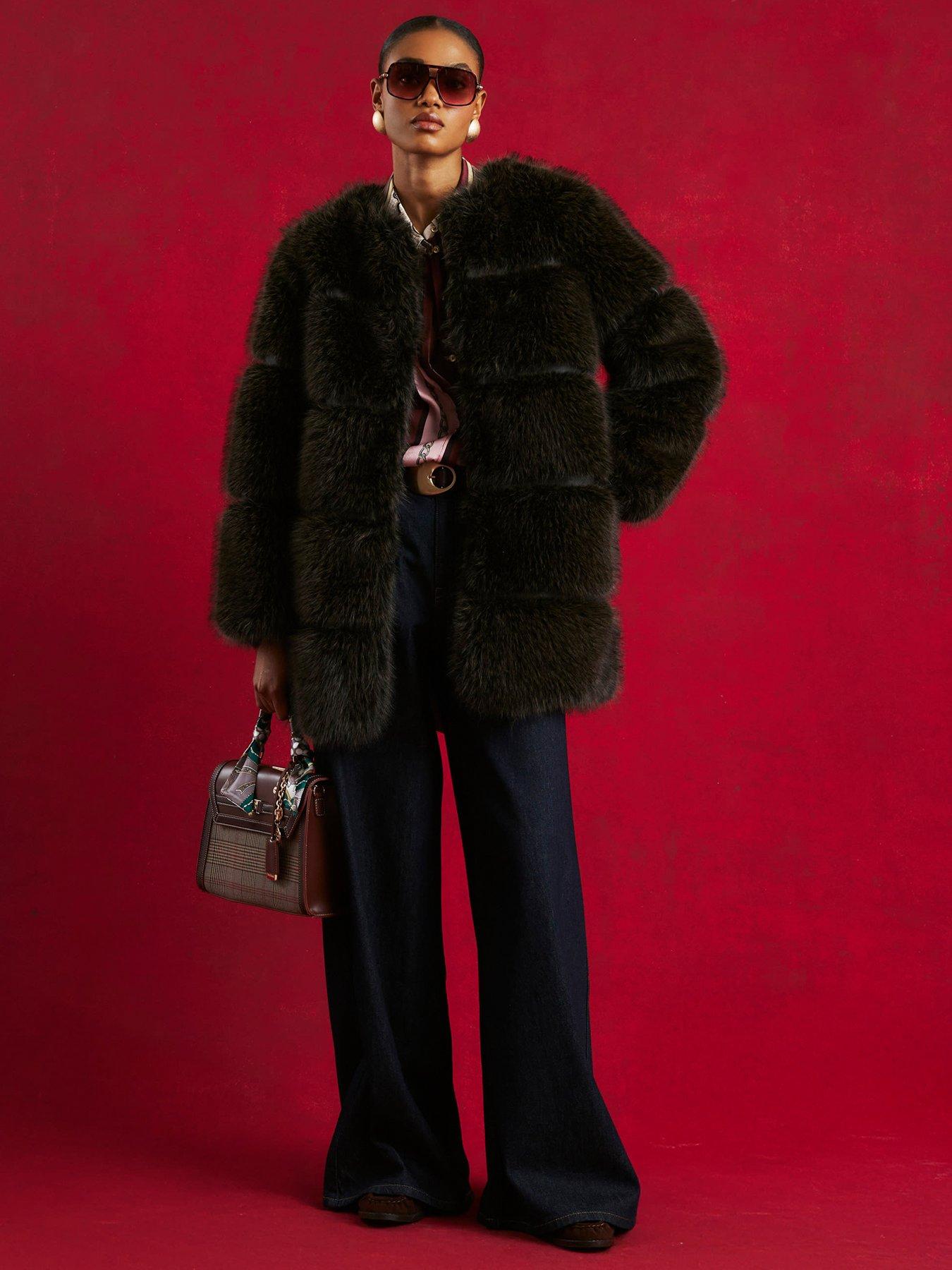 Image 1 of 4 of River Island Long Panelled Faux Fur Coat - Dark Brown