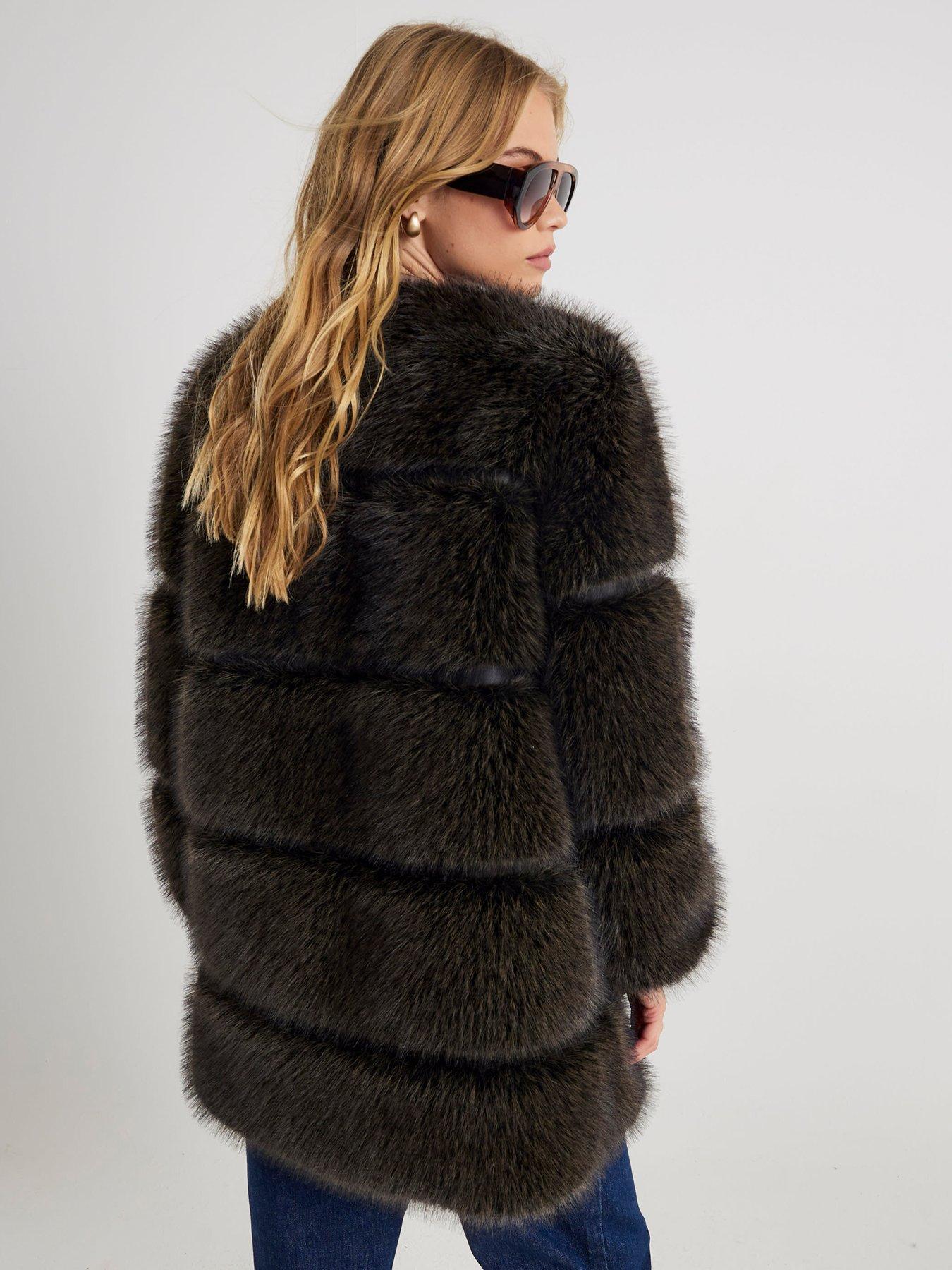 Image 2 of 4 of River Island Long Panelled Faux Fur Coat - Dark Brown