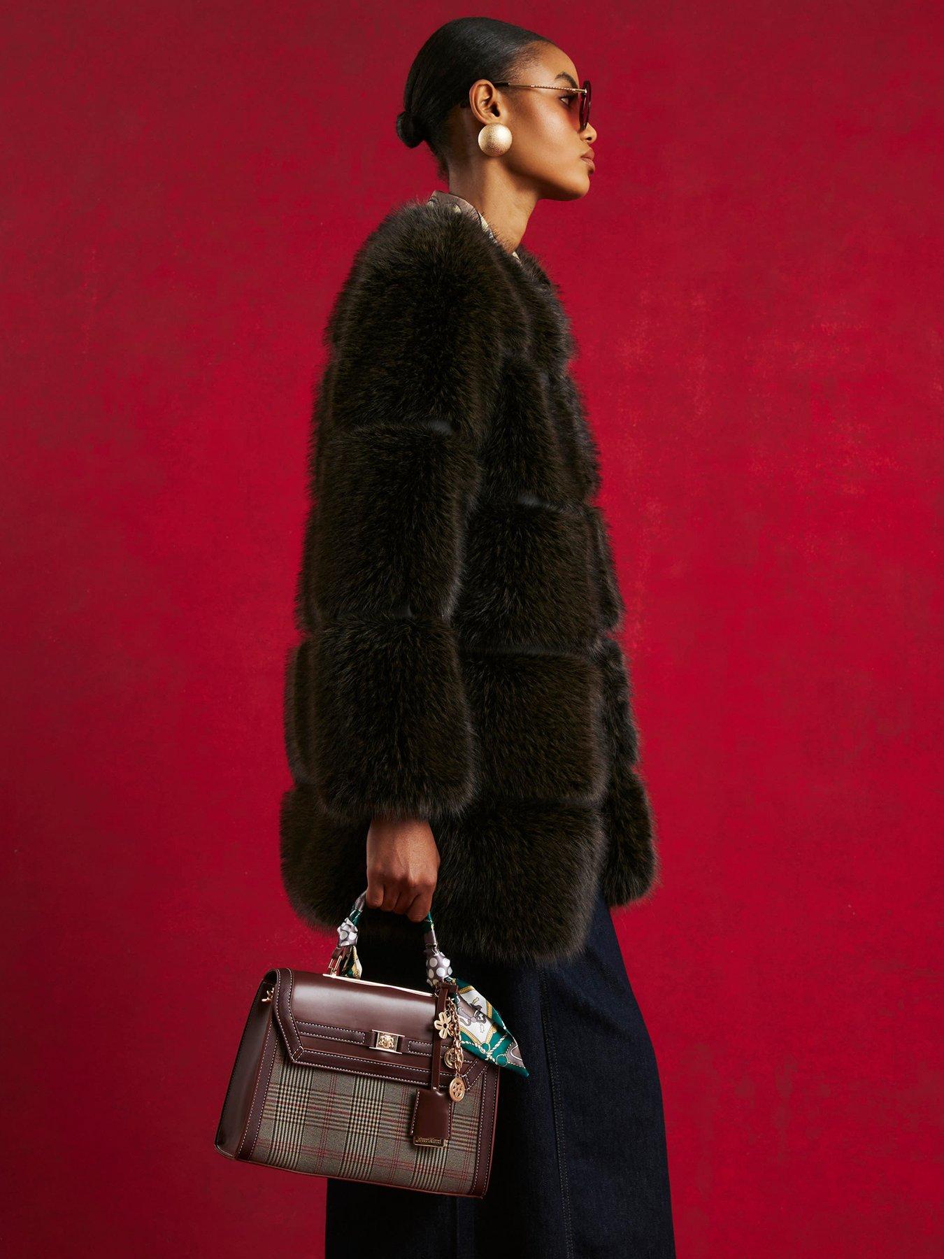 Image 3 of 4 of River Island Long Panelled Faux Fur Coat - Dark Brown