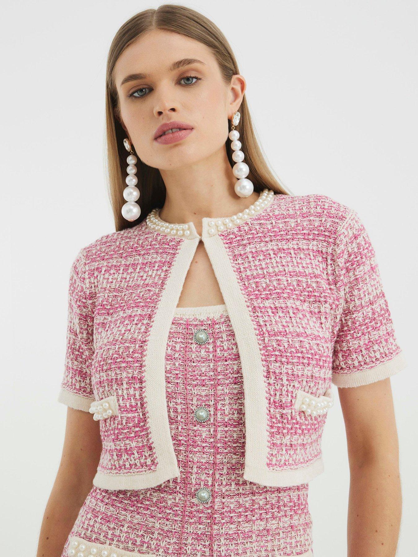 River Island Short Sleeve Boucle Cardigan - Light Pink