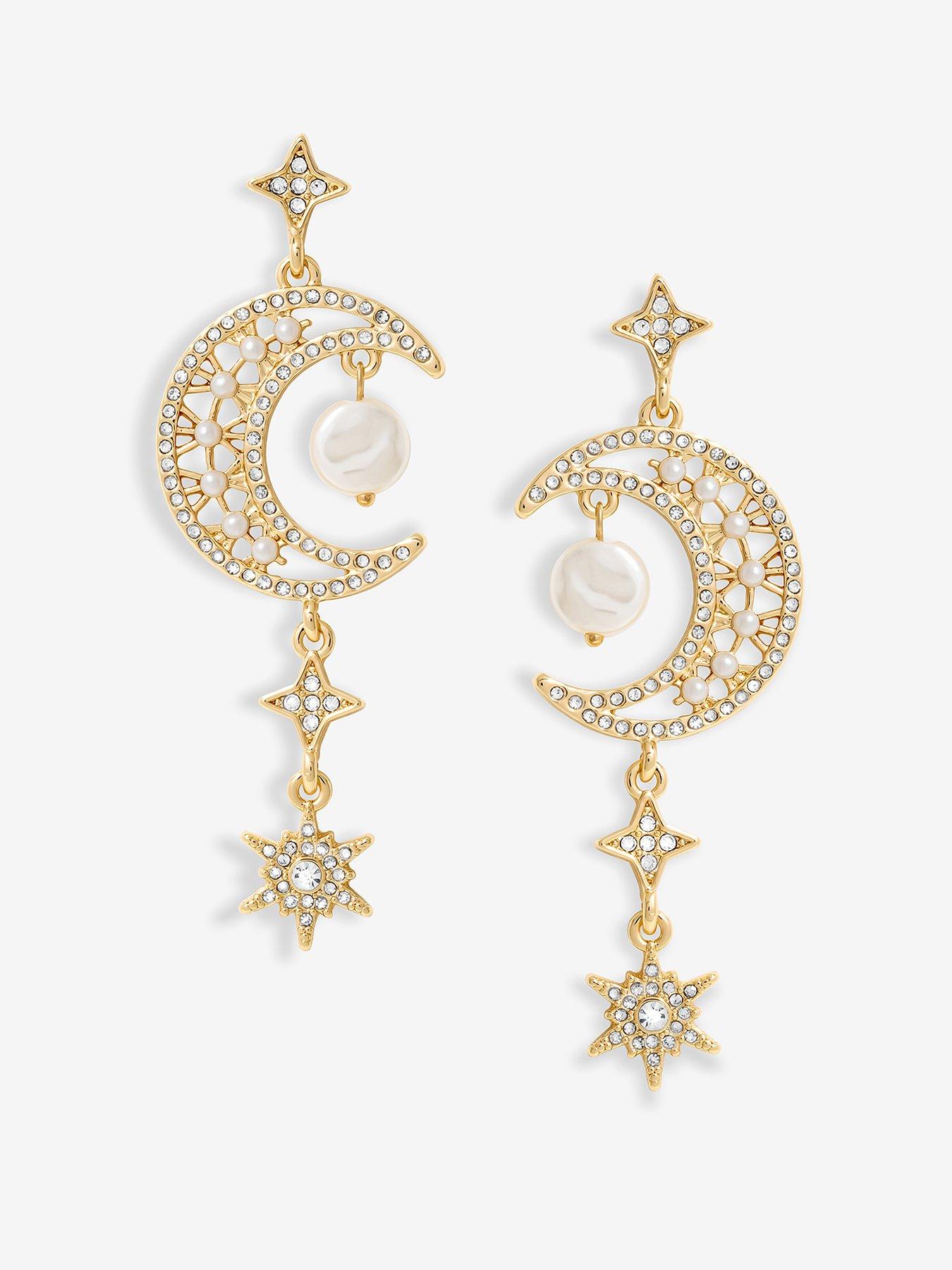  image of mood-gold-crystal-and-pearl-moon-charm-drop-earrings