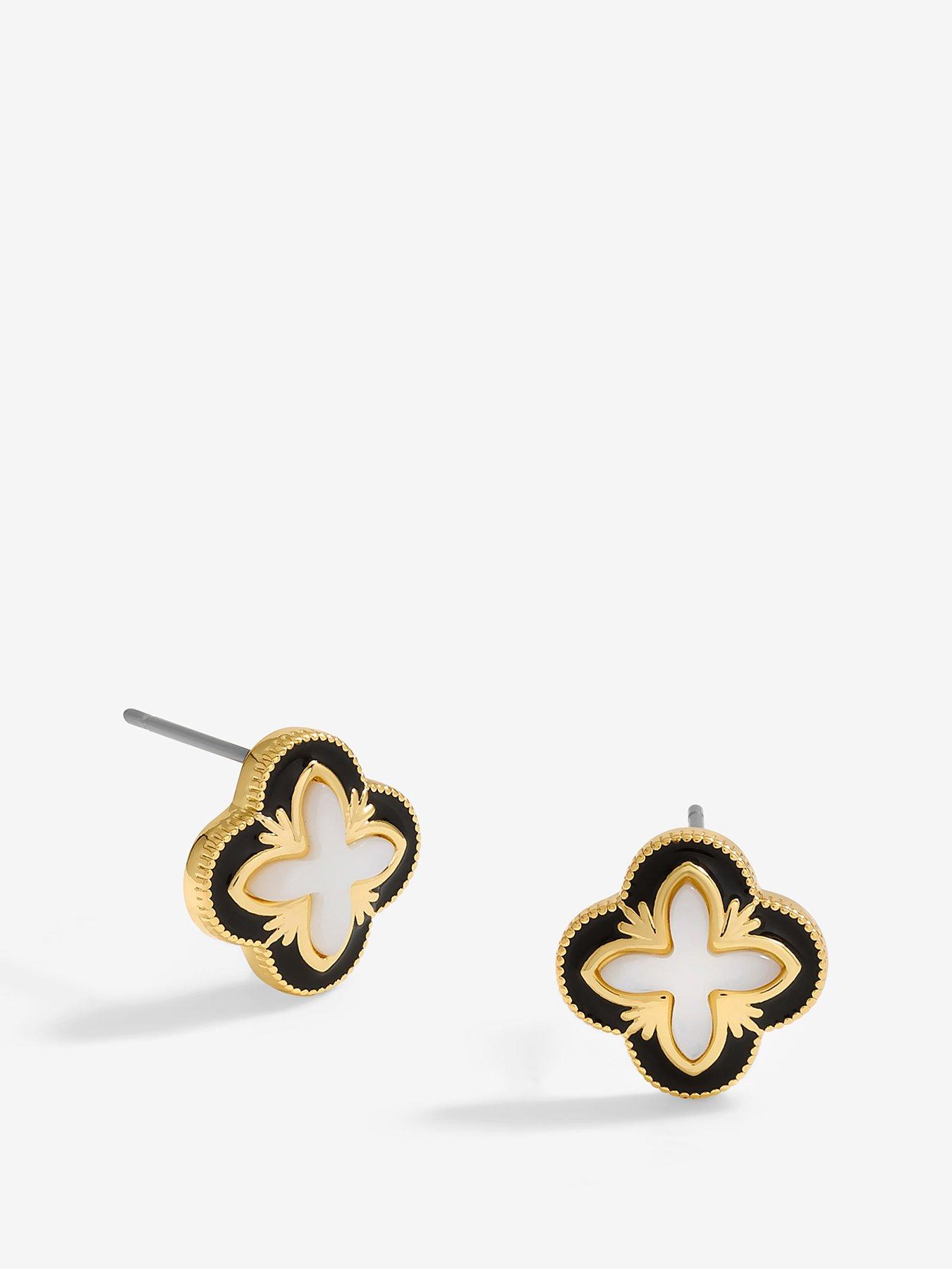  image of inicio-gold-plated-jet-enamel-and-mother-of-pearl-clover-earrings-gift-pouch
