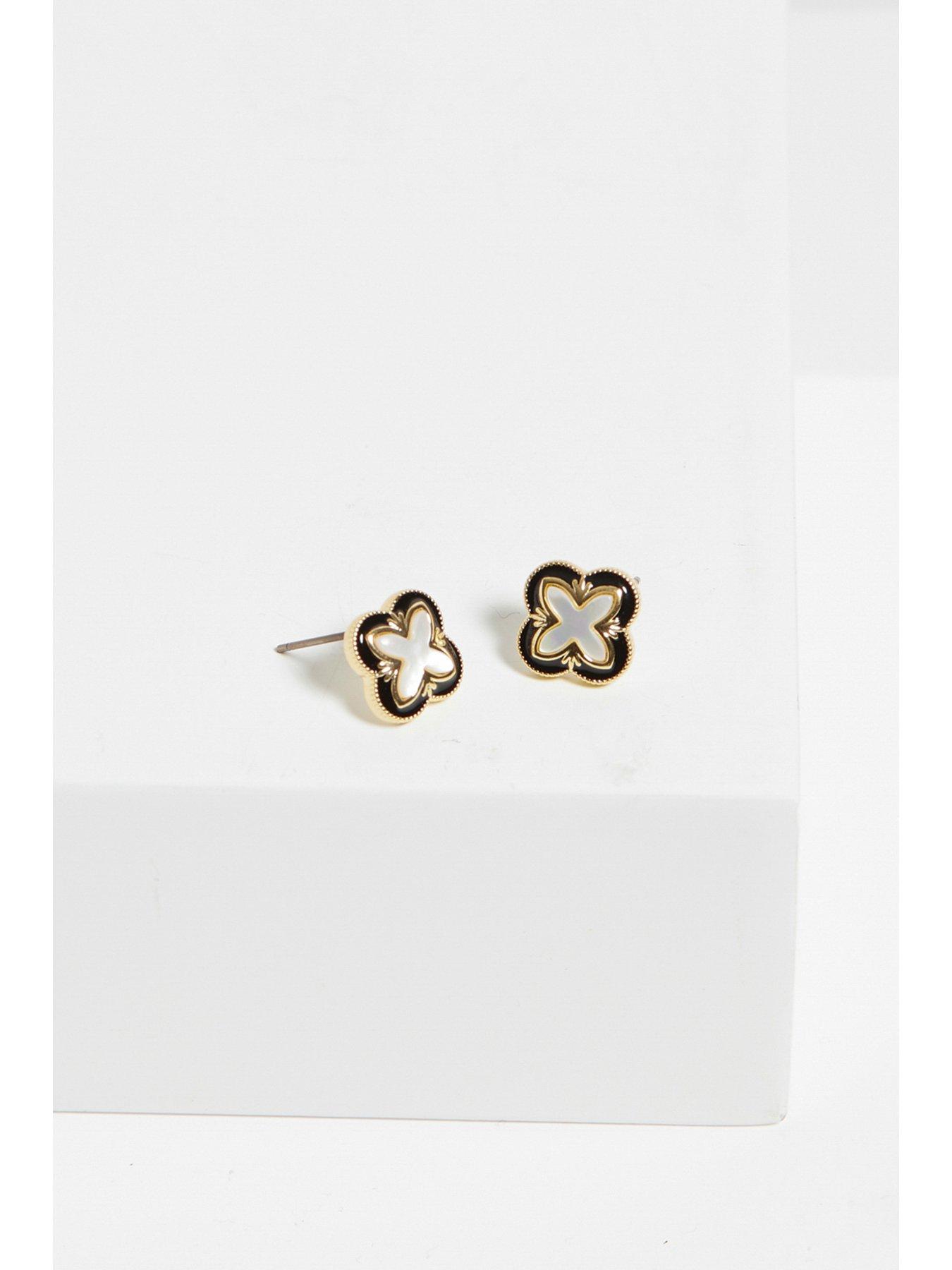  image of inicio-gold-plated-jet-enamel-and-mother-of-pearl-clover-earrings-gift-pouch