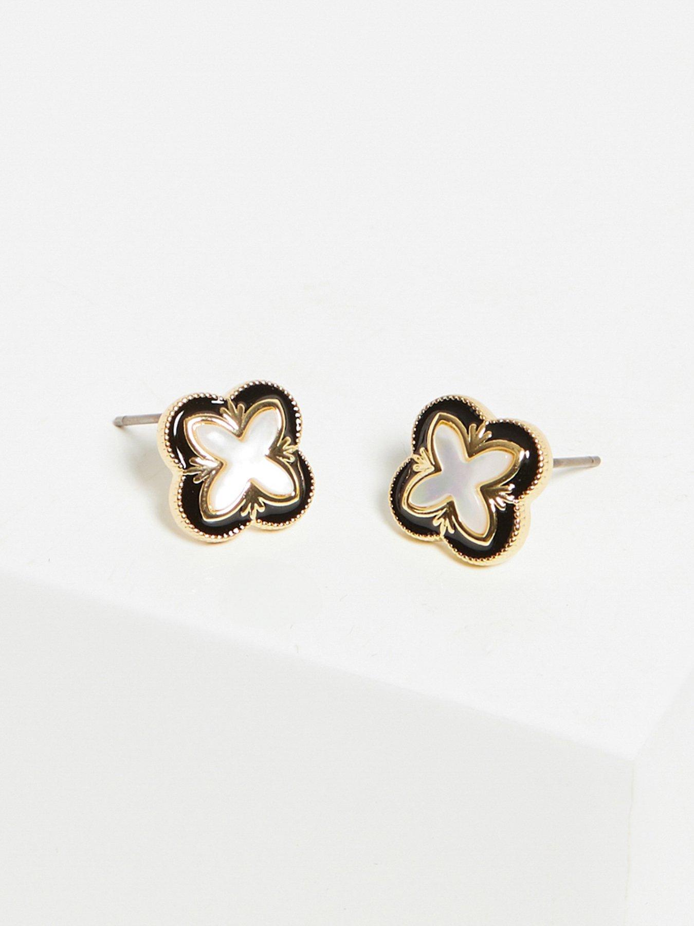  image of inicio-gold-plated-jet-enamel-and-mother-of-pearl-clover-earrings-gift-pouch