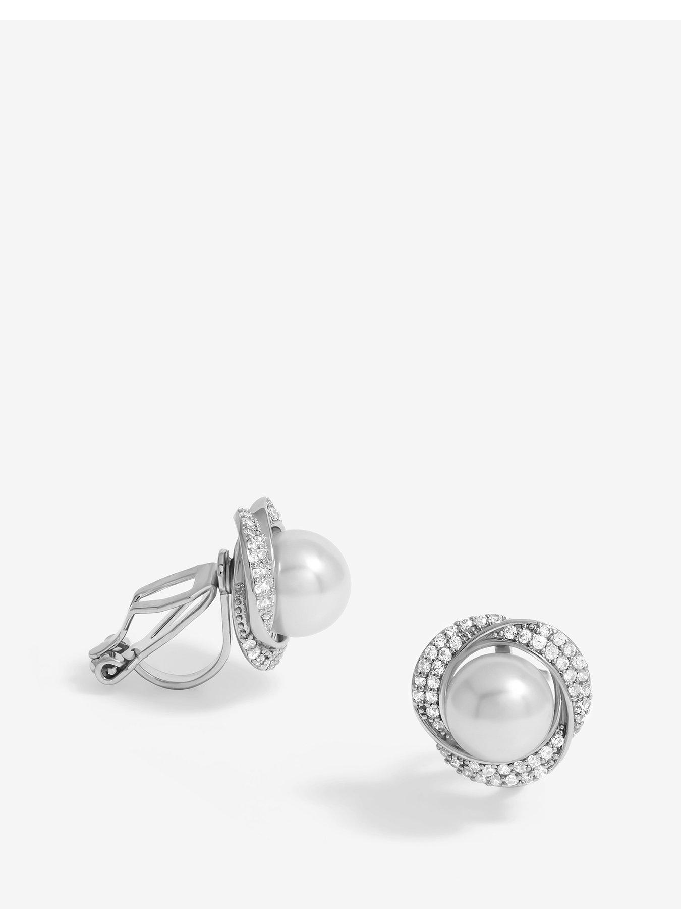 undefined Rhodium Plated Cubic Zirconia And Pearl Clip earrings