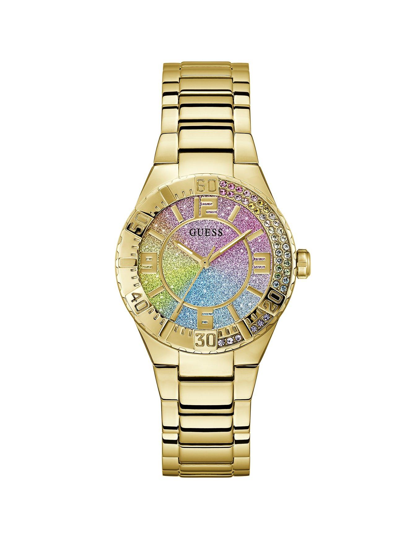 Guess gold tone case with crystals, ombre crystal dial and gold tone bracelet