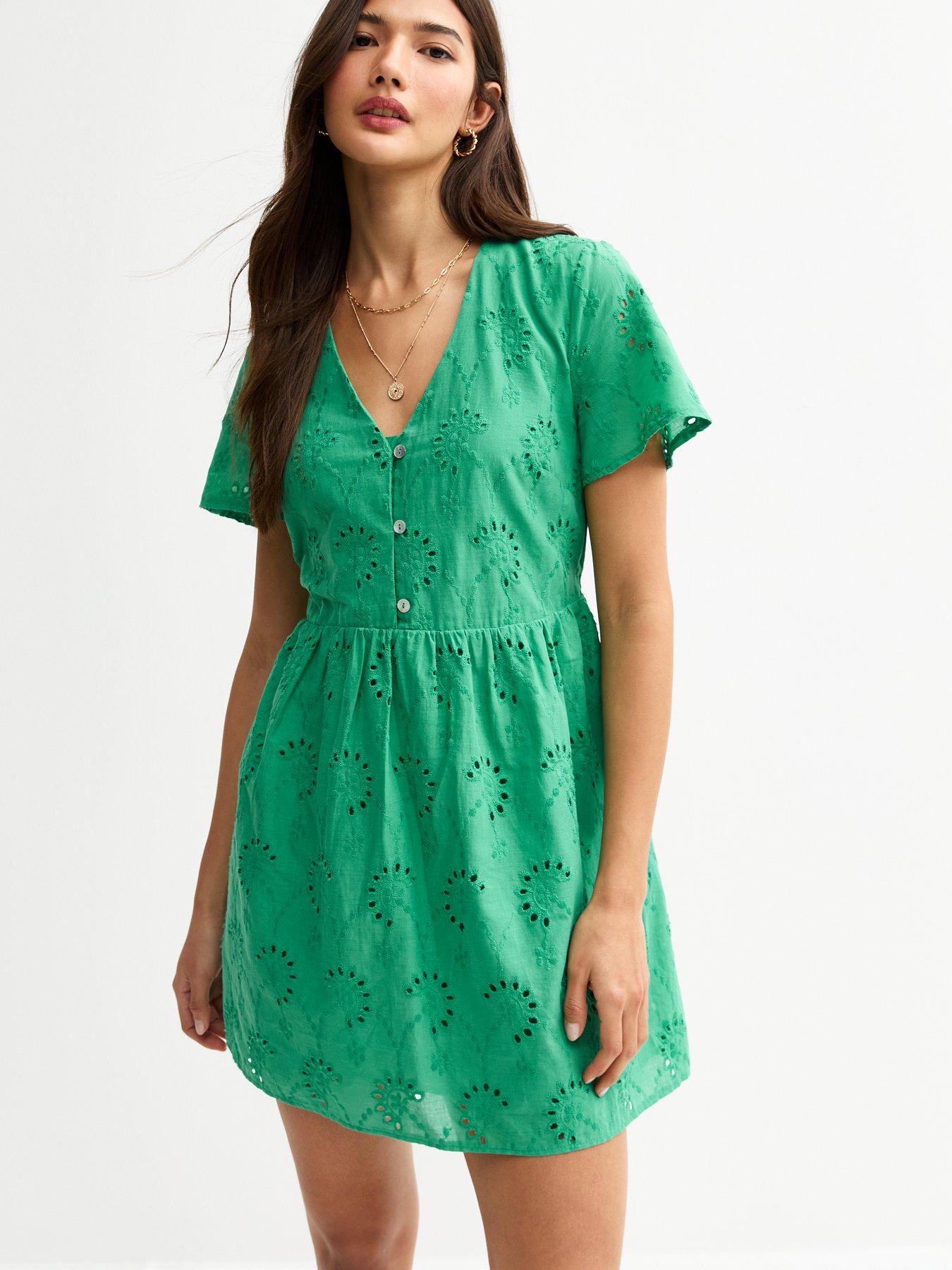 New Look Broderie Anglaise V Neck Mini Dress - Green | Littlewoods