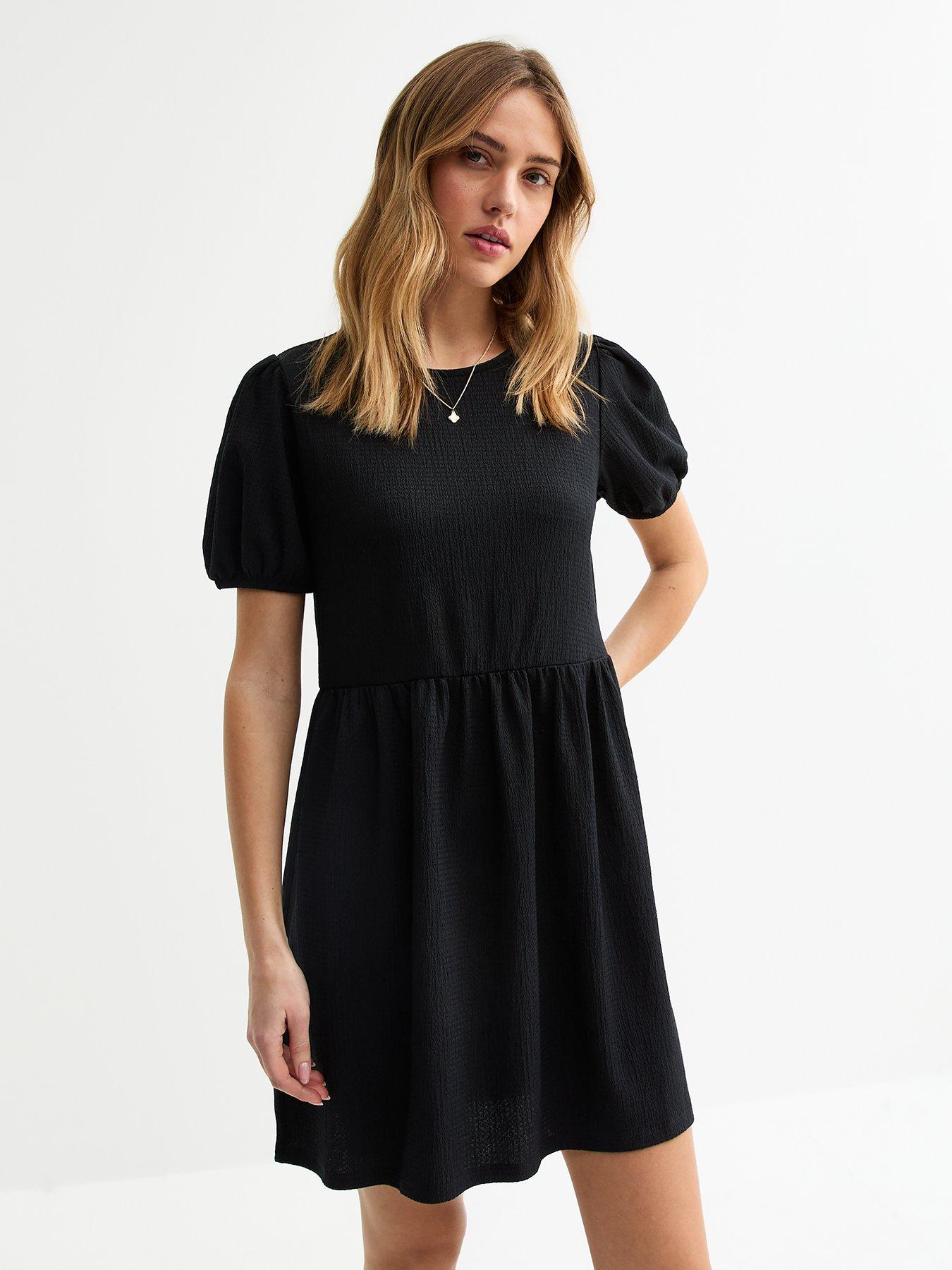 undefined Black Bow Back Crinkled Mini Smock Dress