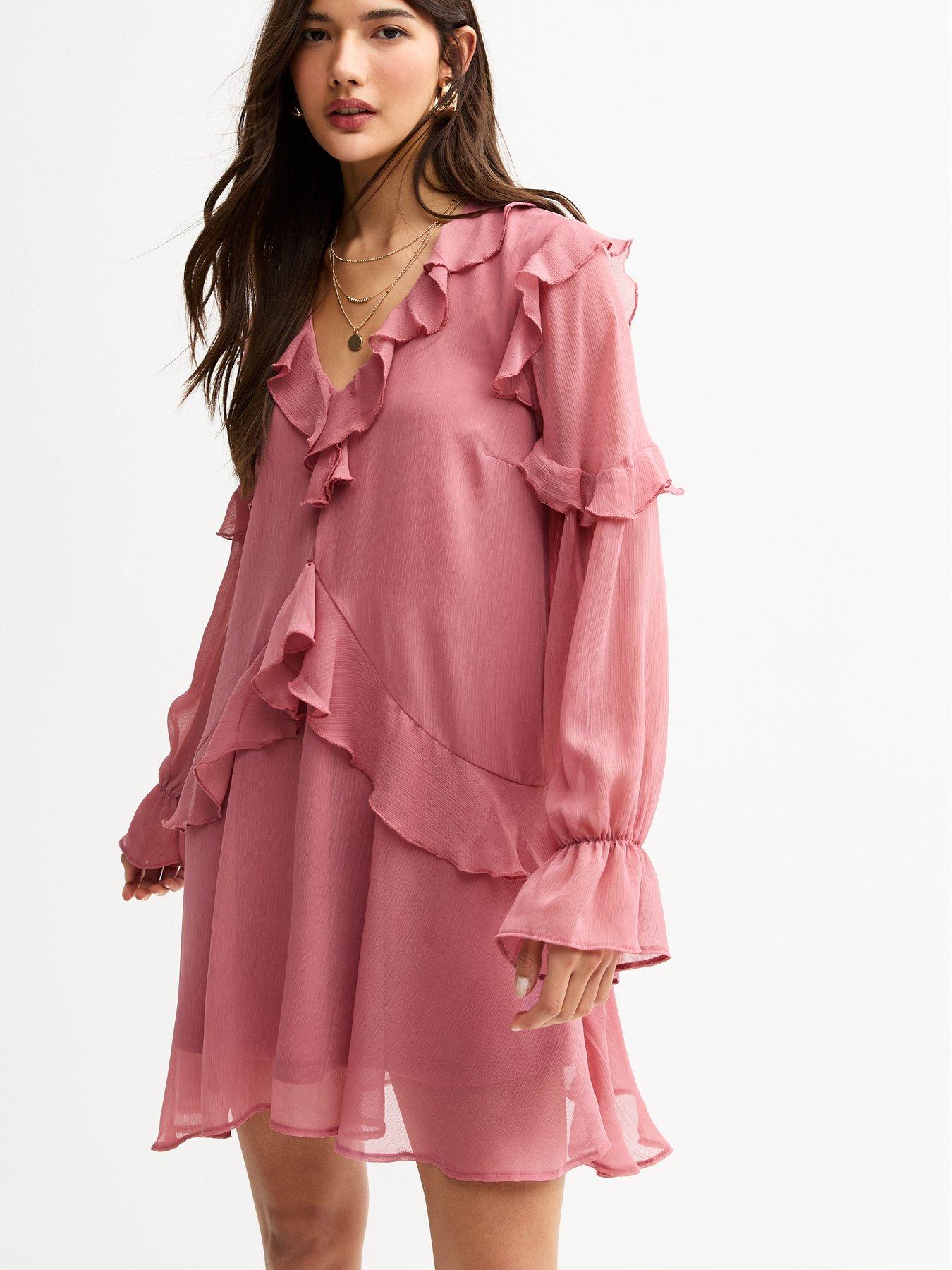 New Look Chiffon Ruffled Long Sleeve Mini Dress - Pink