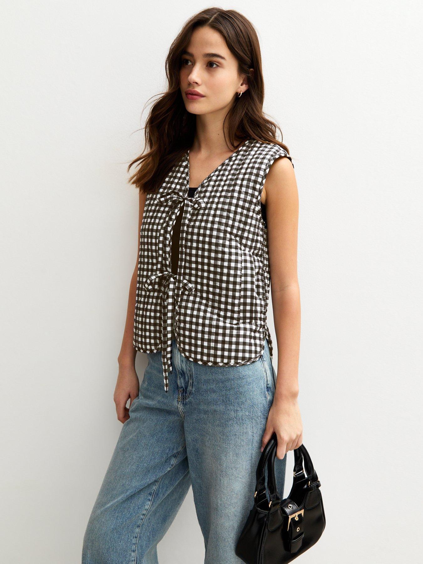 Image 1 of 5 of New Look Black Sleeveless Gingham Print Padded Jacket
