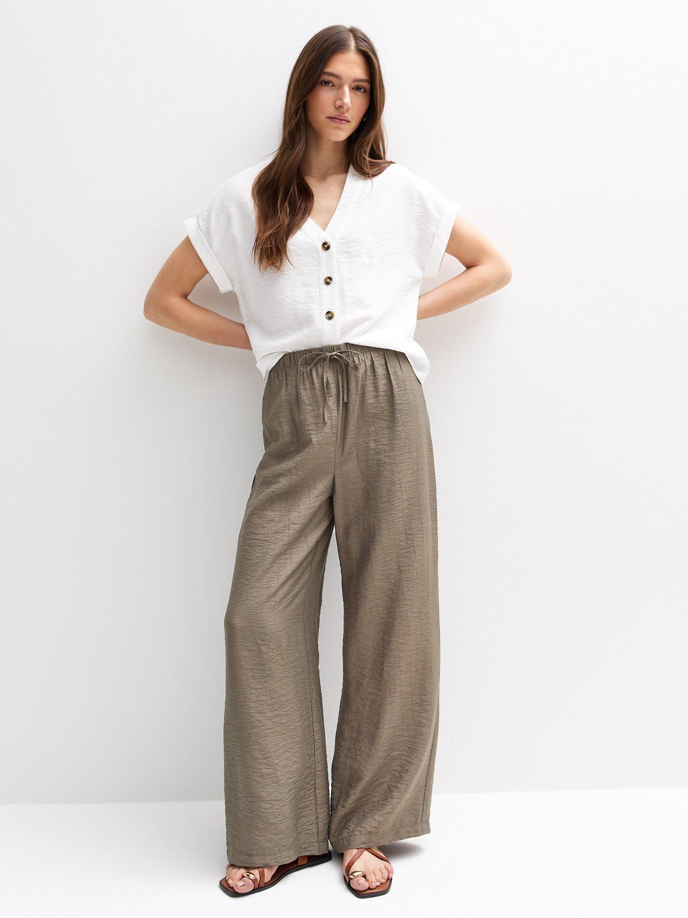  image of new-look-khaki-crinkled-wide-leg-trousers