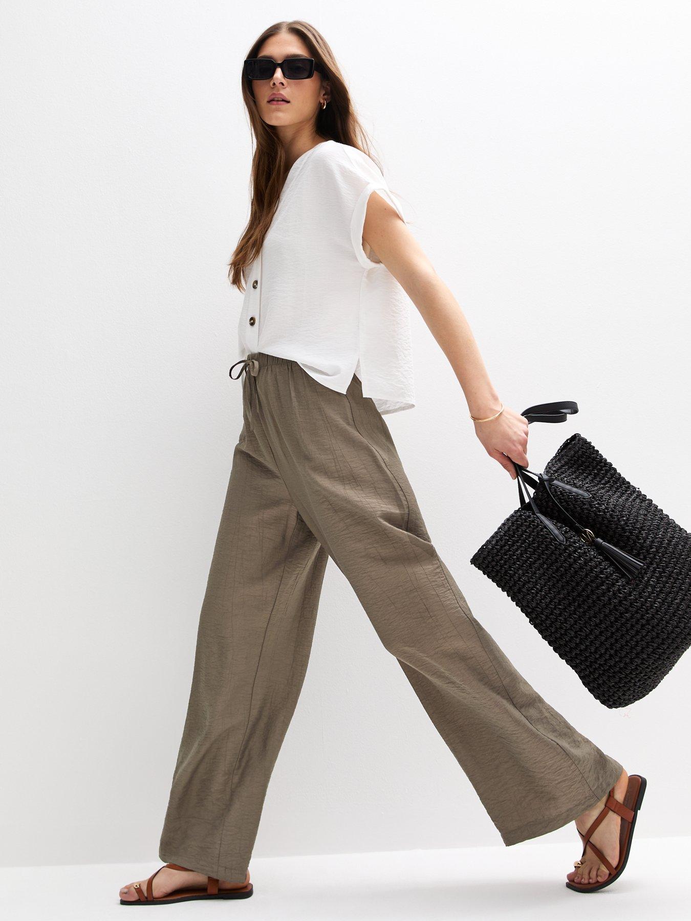  image of new-look-khaki-crinkled-wide-leg-trousers