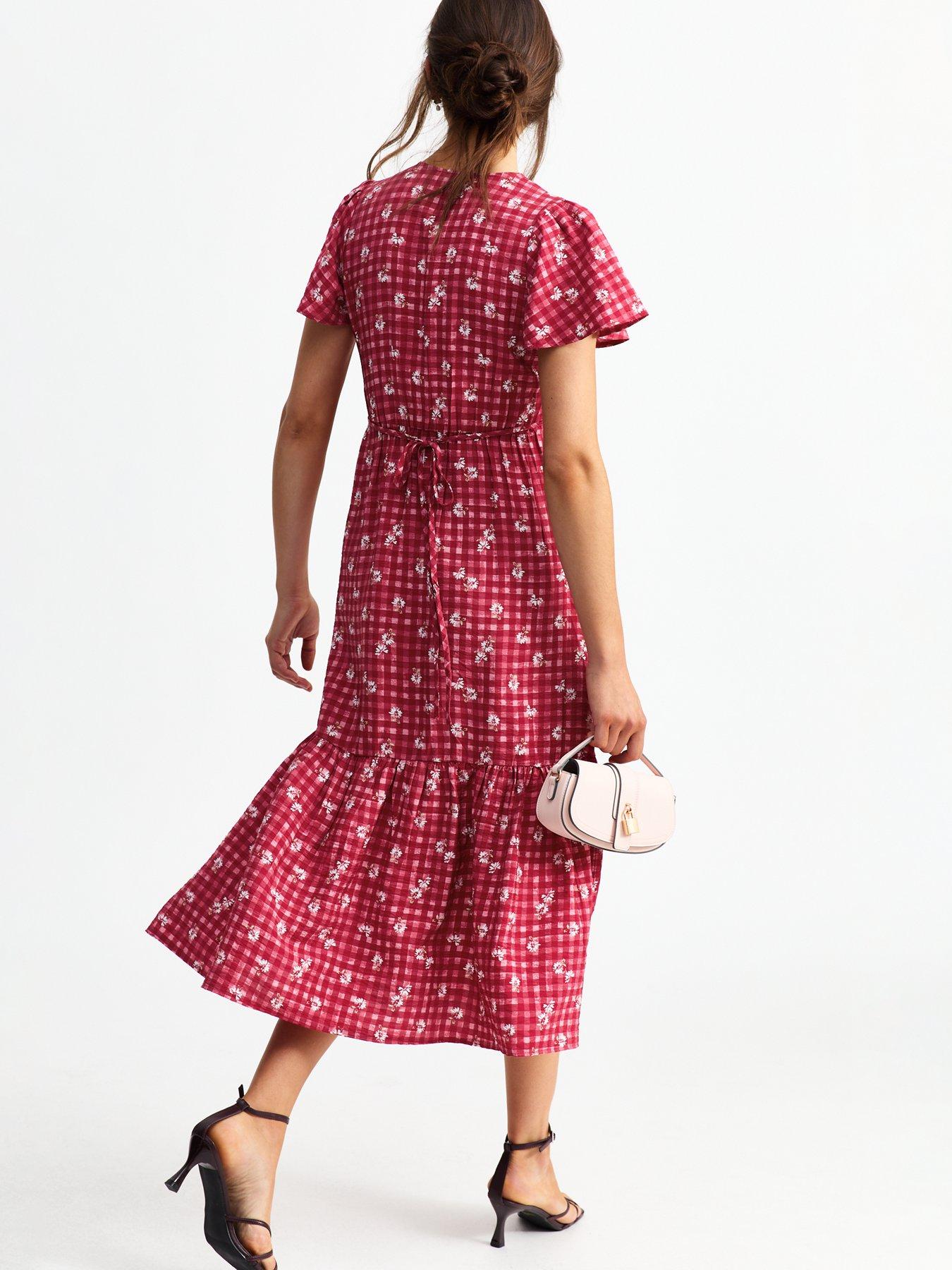  image of new-look-red-gingham-floral-print-midi-dress
