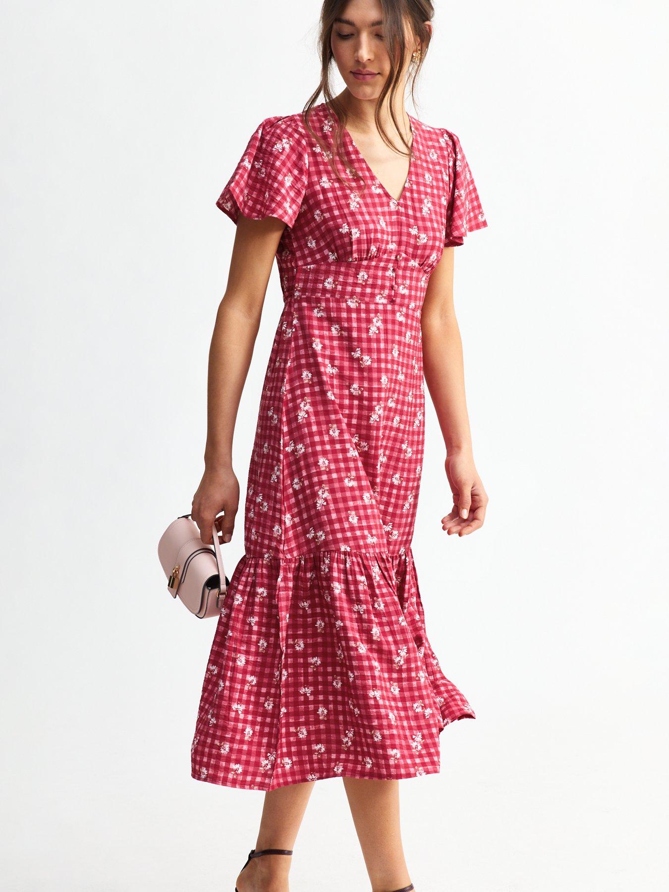  image of new-look-red-gingham-floral-print-midi-dress