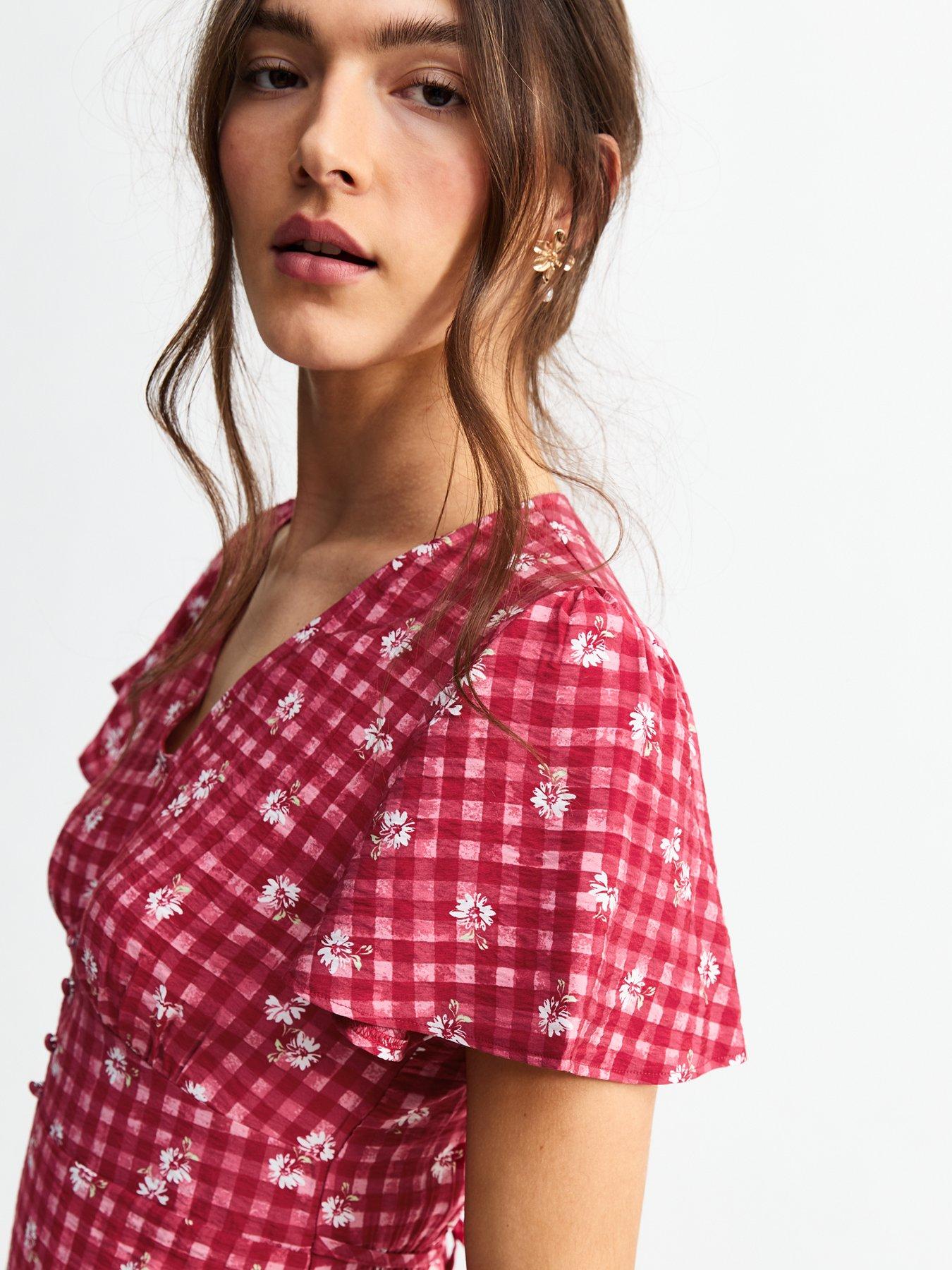  image of new-look-red-gingham-floral-print-midi-dress