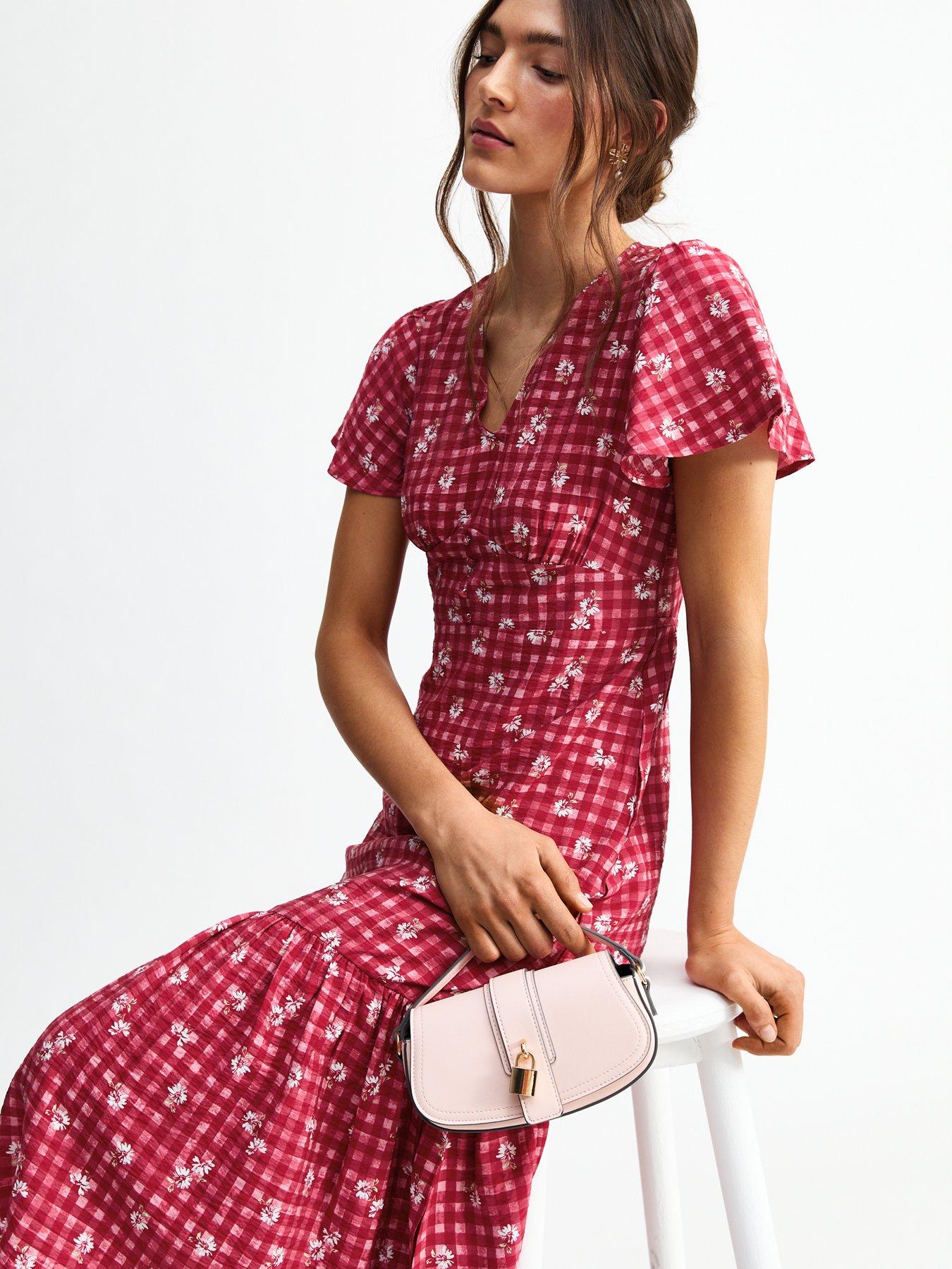  image of new-look-red-gingham-floral-print-midi-dress