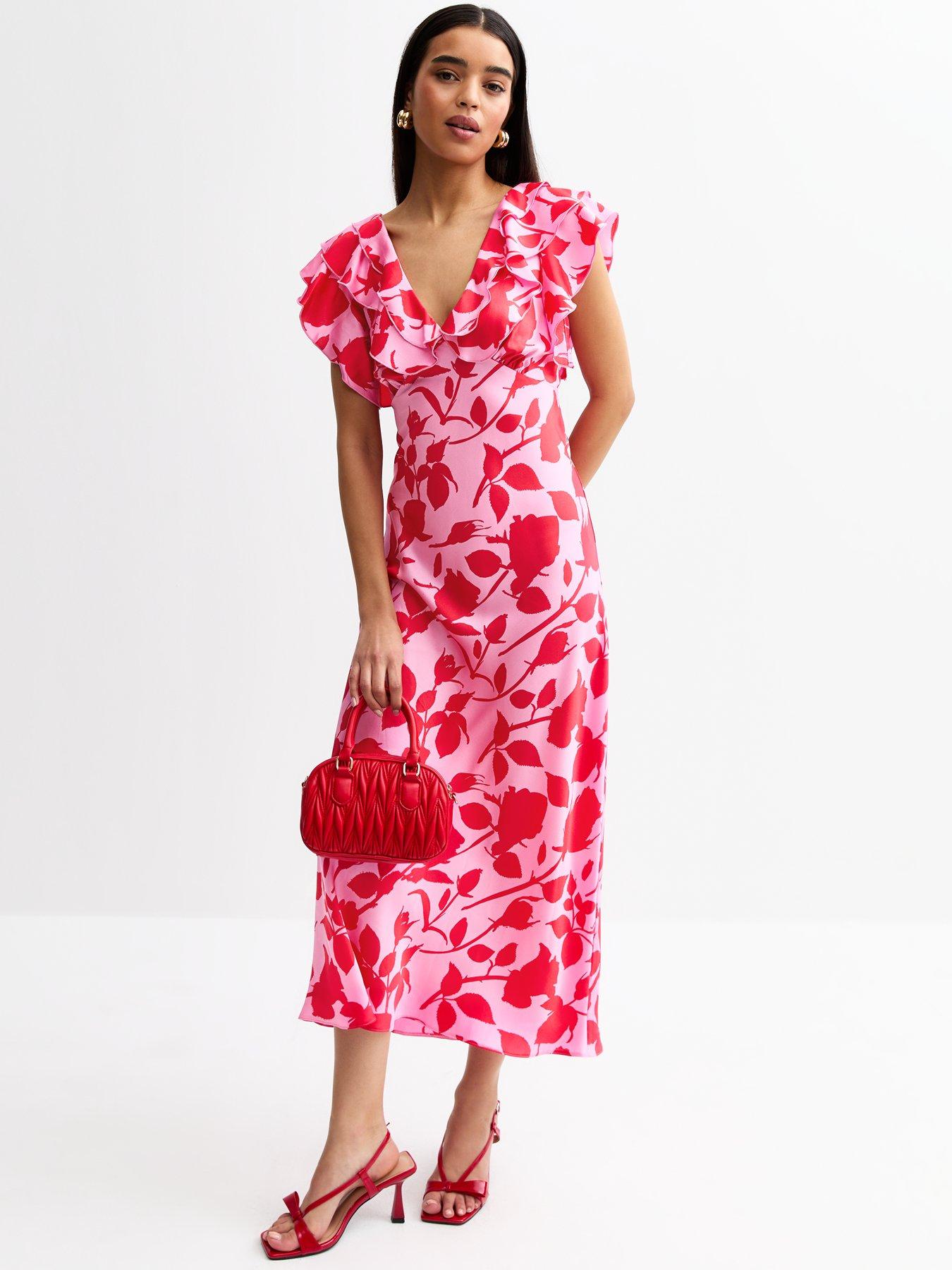 New Look Pink Satin Floral Print Ruffle Trim Midi Dress Littlewoods