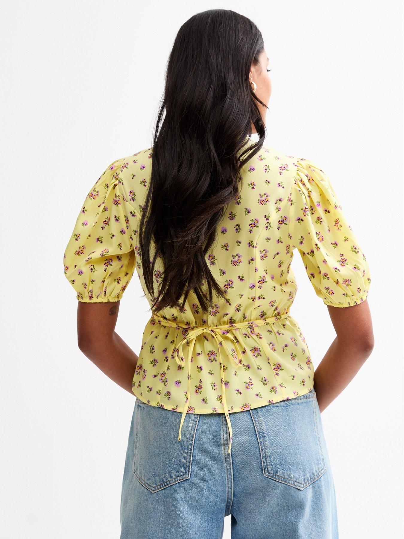 Image 2 of 4 of New Look Crepe Ditsy Print Button Front Milkmaid Top - Yellow