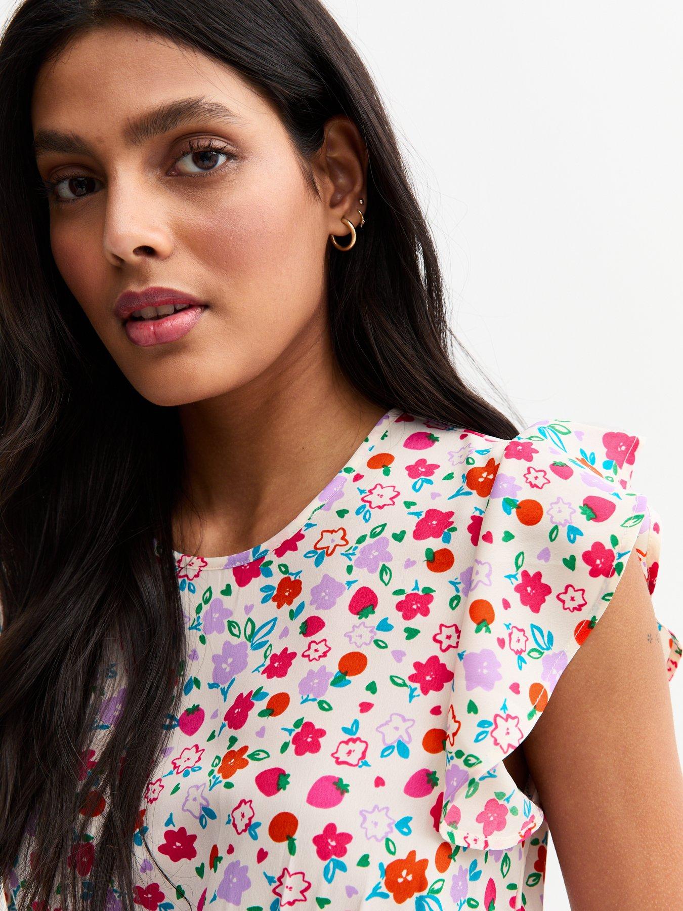  image of new-look-floral-print-ruffled-top-white