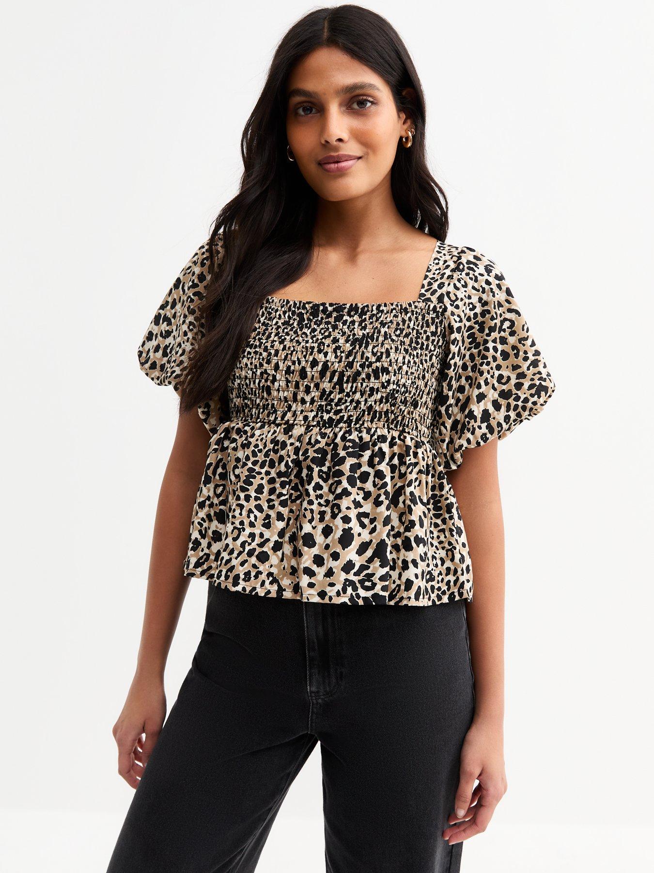 undefined Brown Leopard Print Shirred Tie Back Top