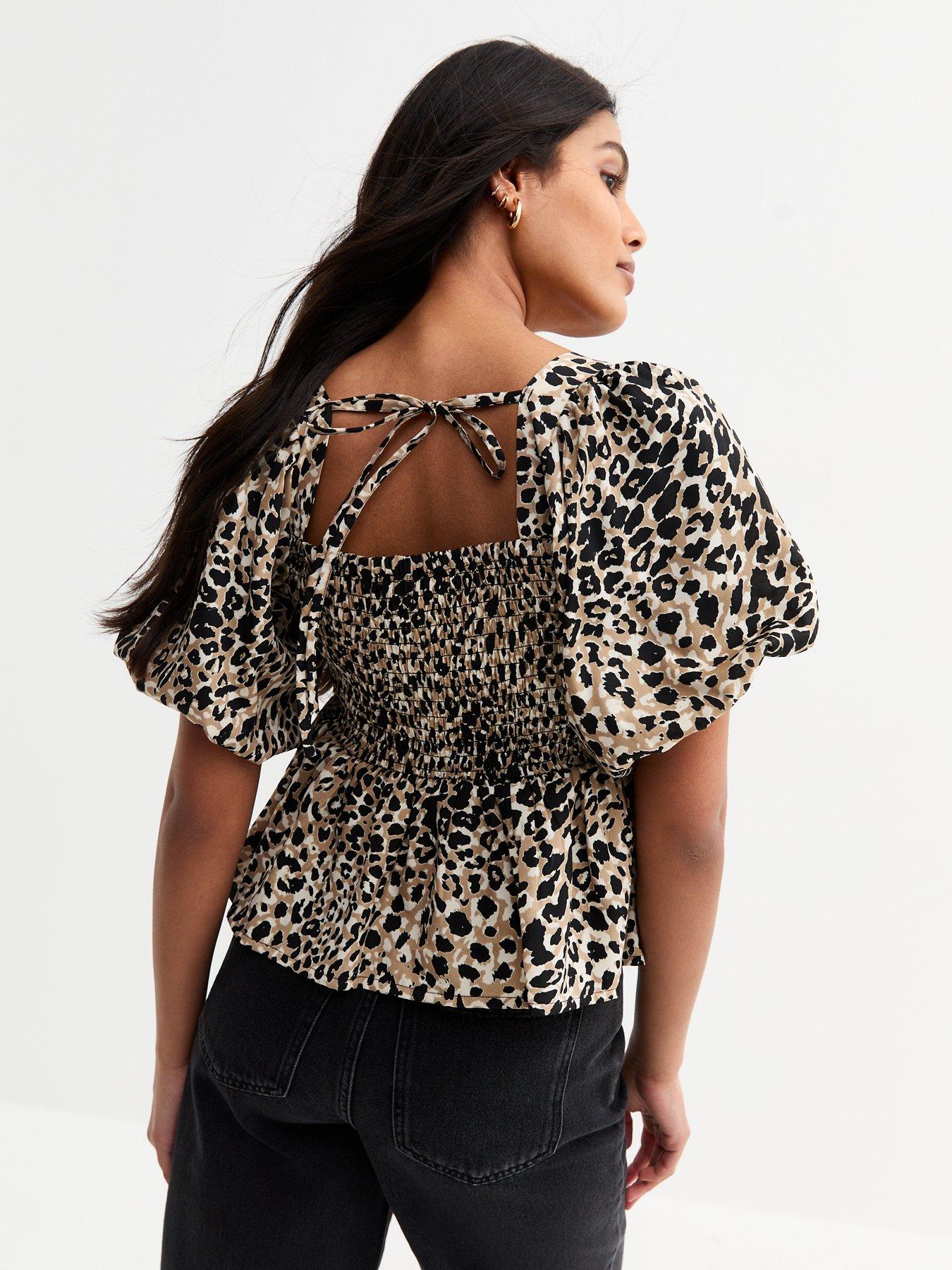 Image 2 of 4 of New Look Brown Leopard Print Shirred Tie Back Top