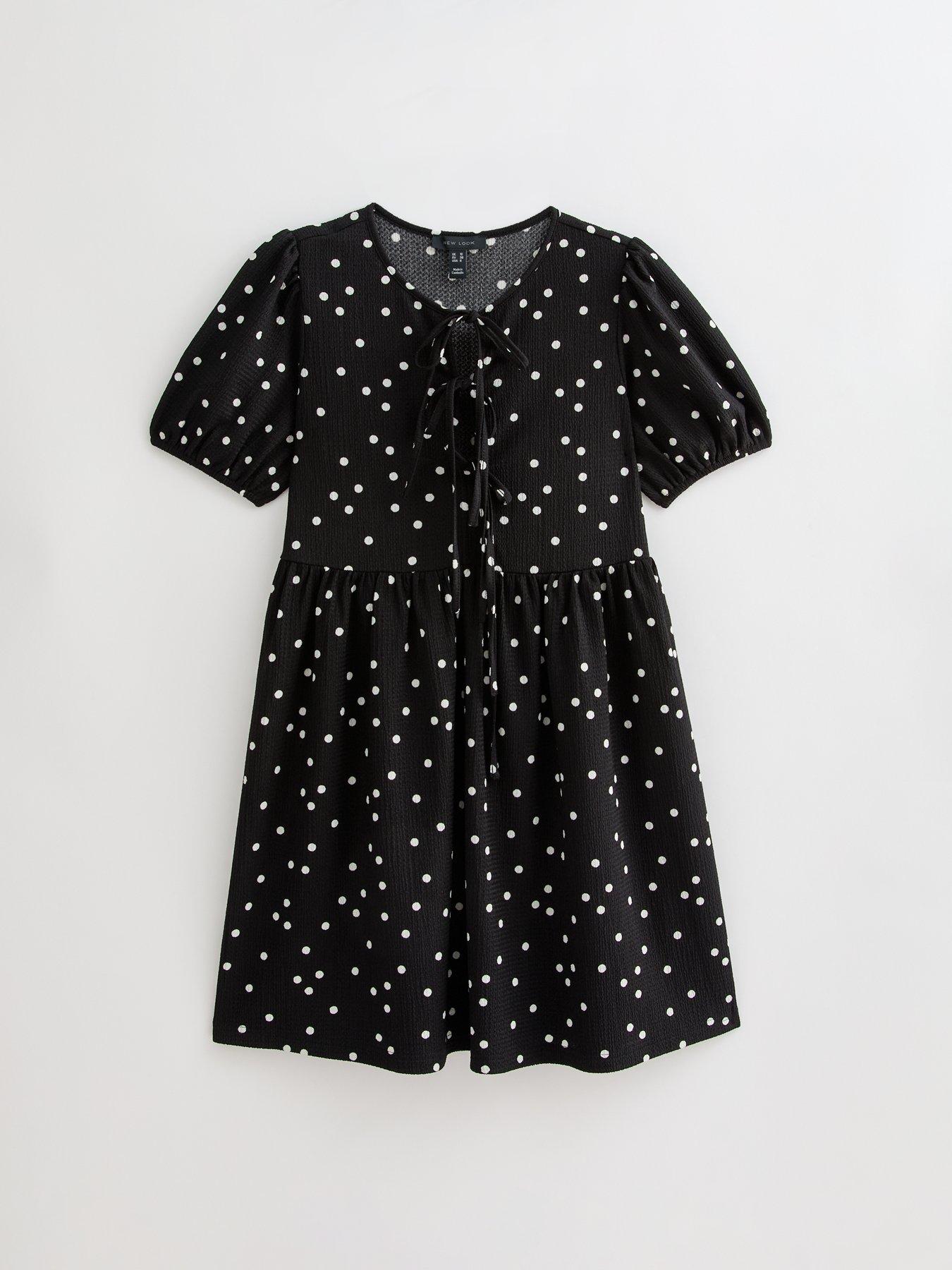  image of new-look-black-crinkled-texture-polka-dot-tie-front-mini-dress