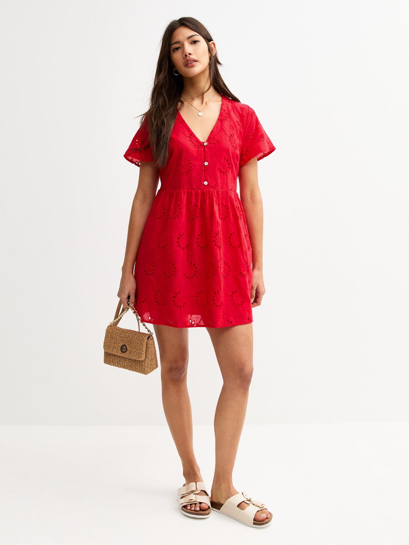Image 1 of 4 of New Look Broderie Anglaise Smock Mini Dress - Bright Red
