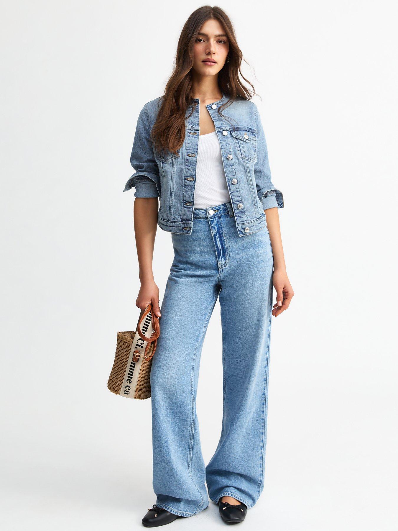  image of new-look-blue-collarless-denim-jacket