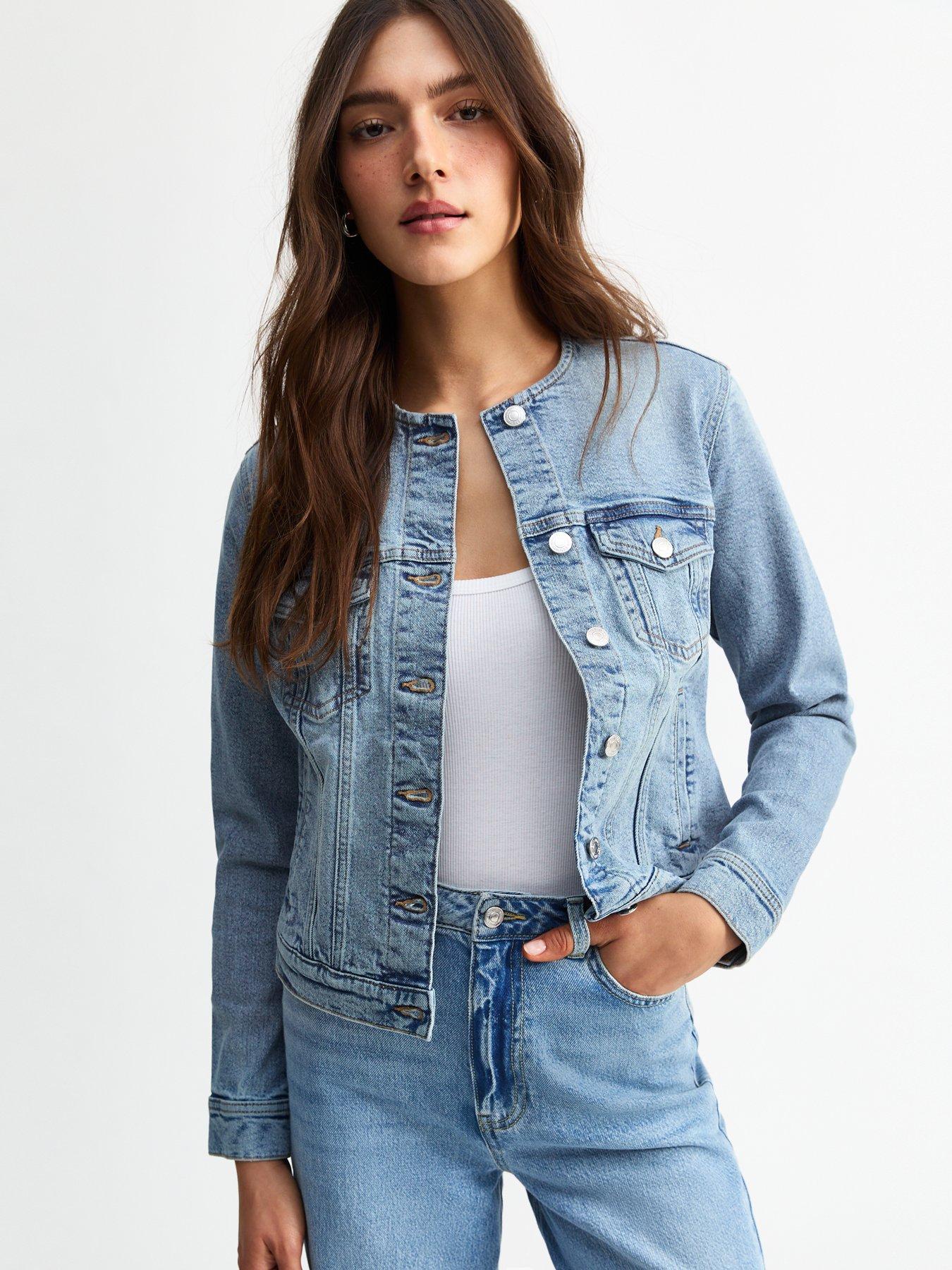  image of new-look-blue-collarless-denim-jacket