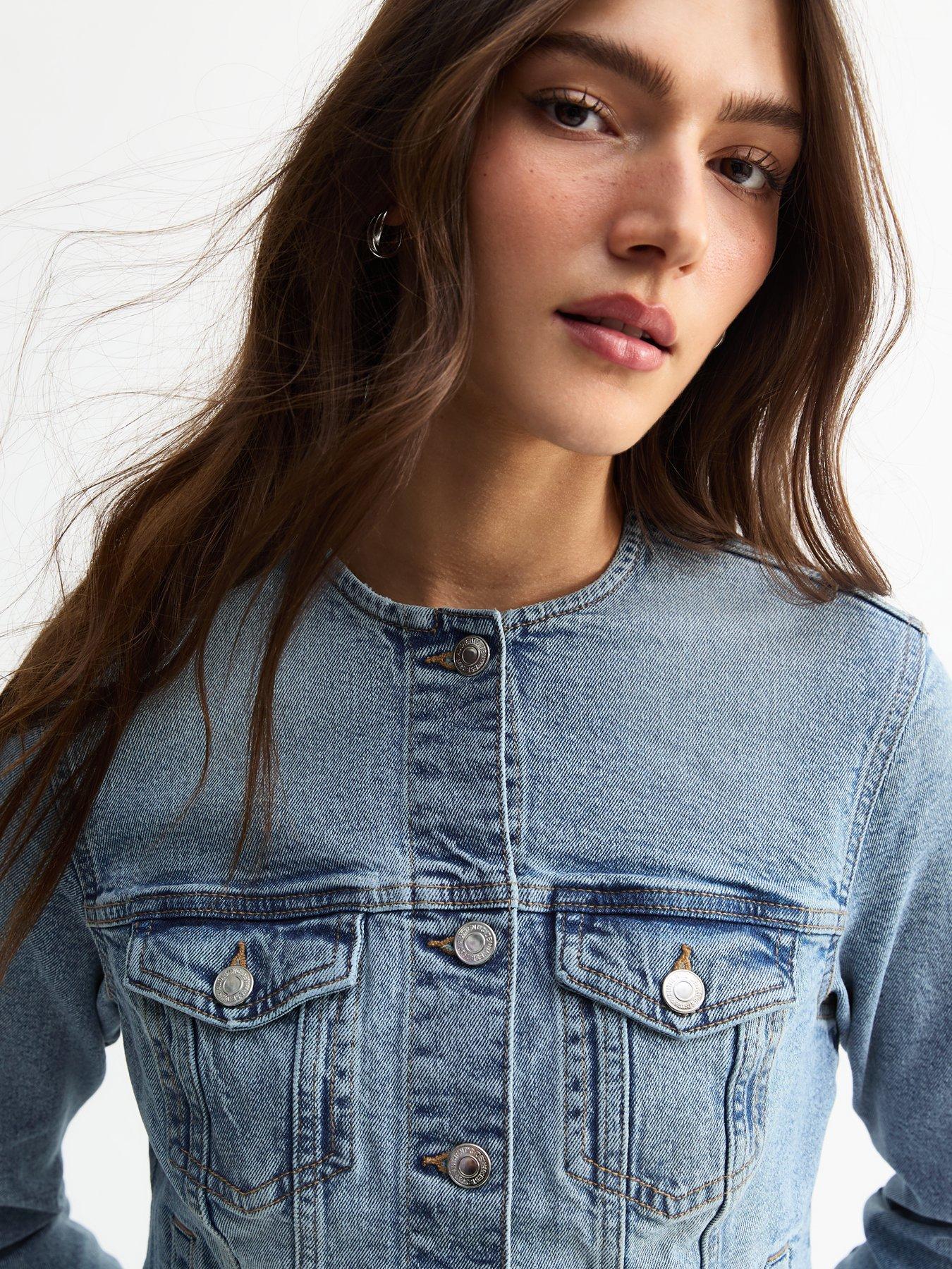  image of new-look-blue-collarless-denim-jacket