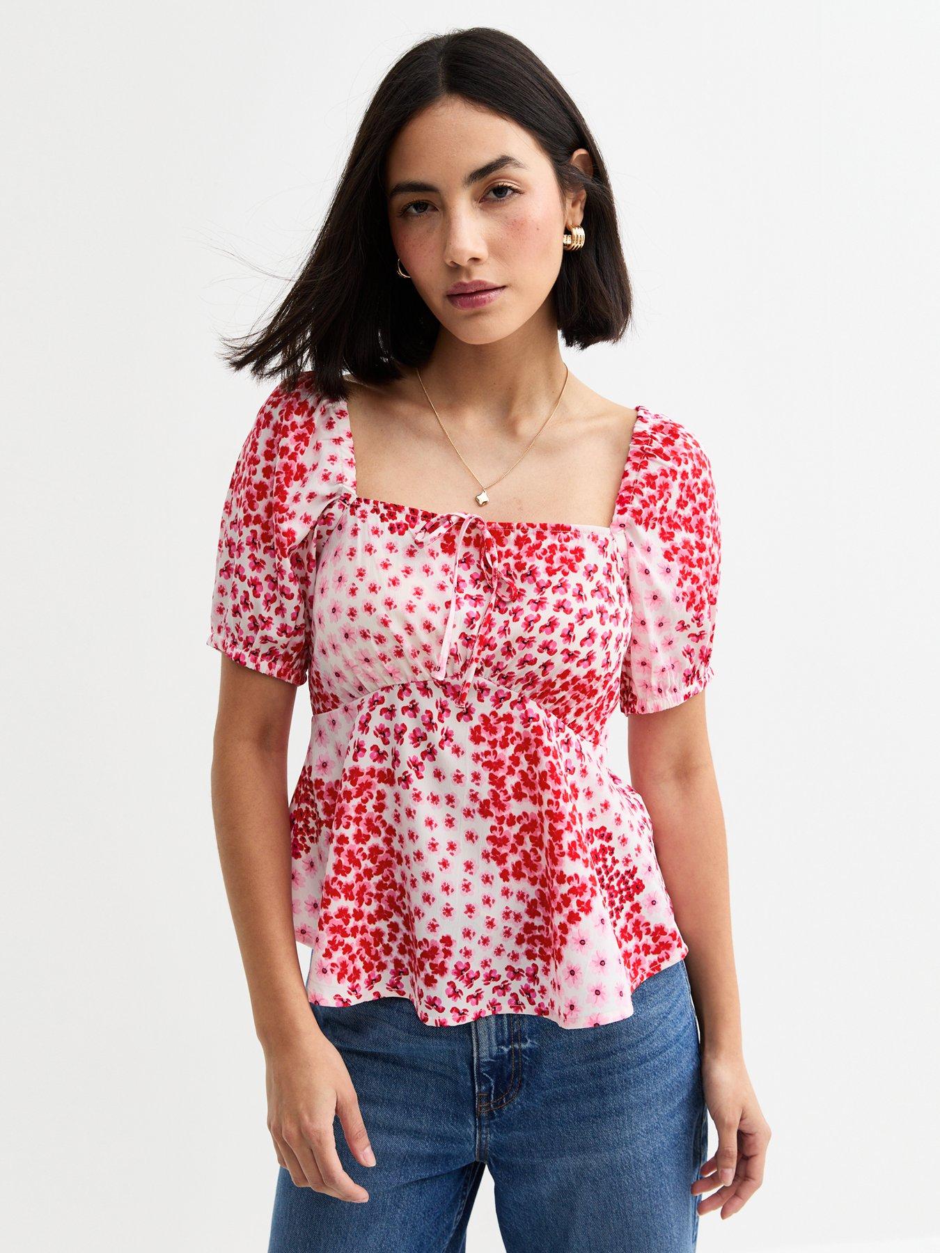 Image 1 of 4 of New Look Floral Print Puff Sleeve Top - Pink