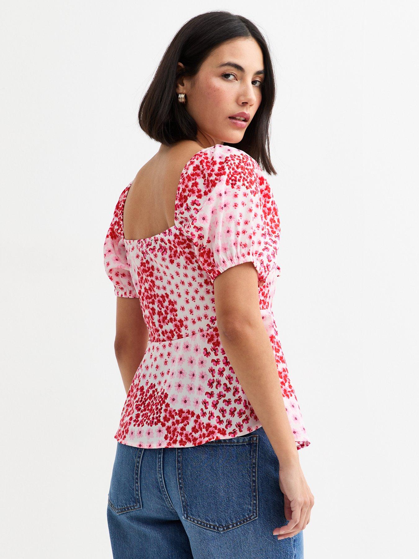 Image 2 of 4 of New Look Floral Print Puff Sleeve Top - Pink