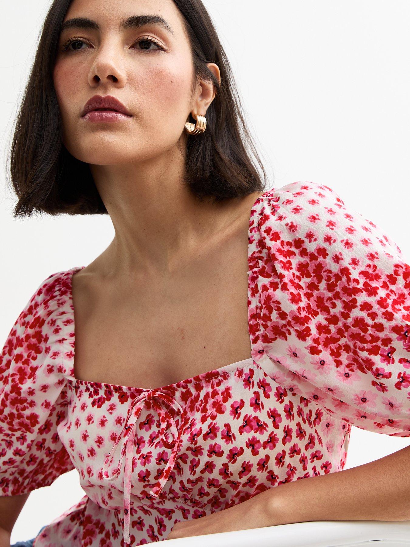 Image 4 of 4 of New Look Floral Print Puff Sleeve Top - Pink