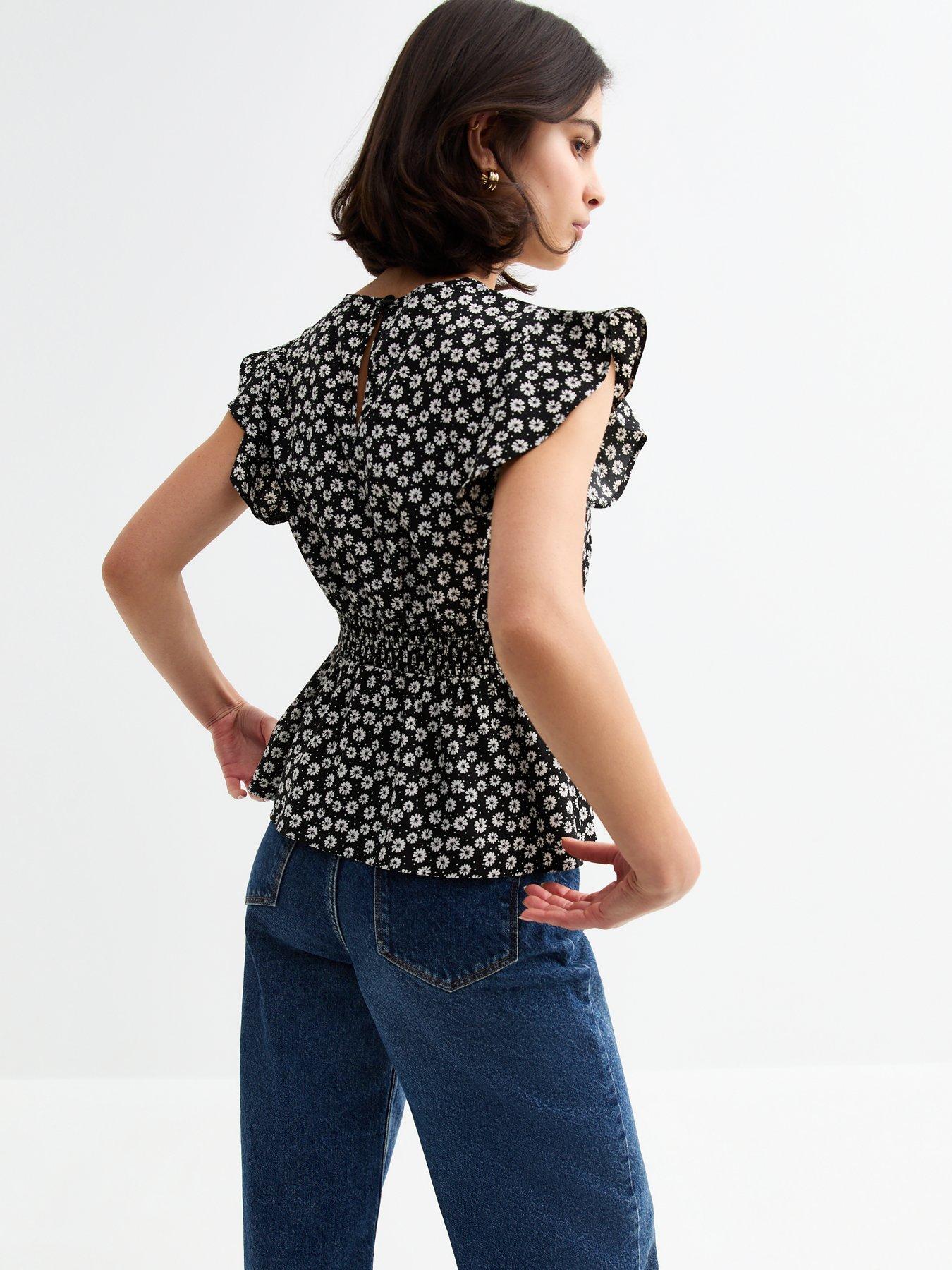  image of new-look-black-ruffled-sleeve-floral-print-top