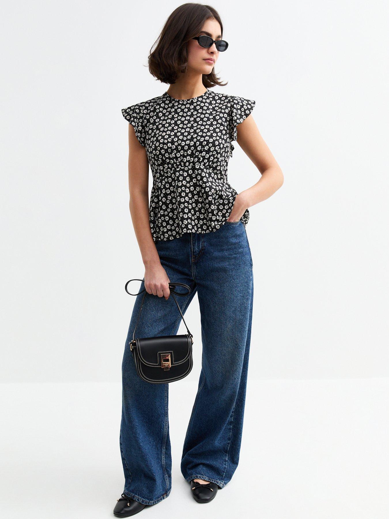  image of new-look-black-ruffled-sleeve-floral-print-top