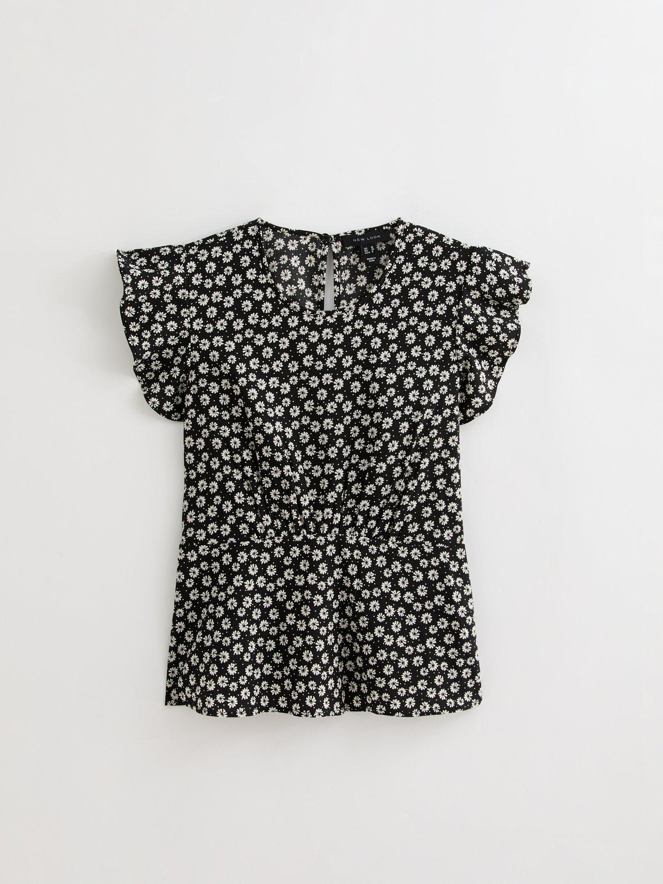  image of new-look-black-ruffled-sleeve-floral-print-top