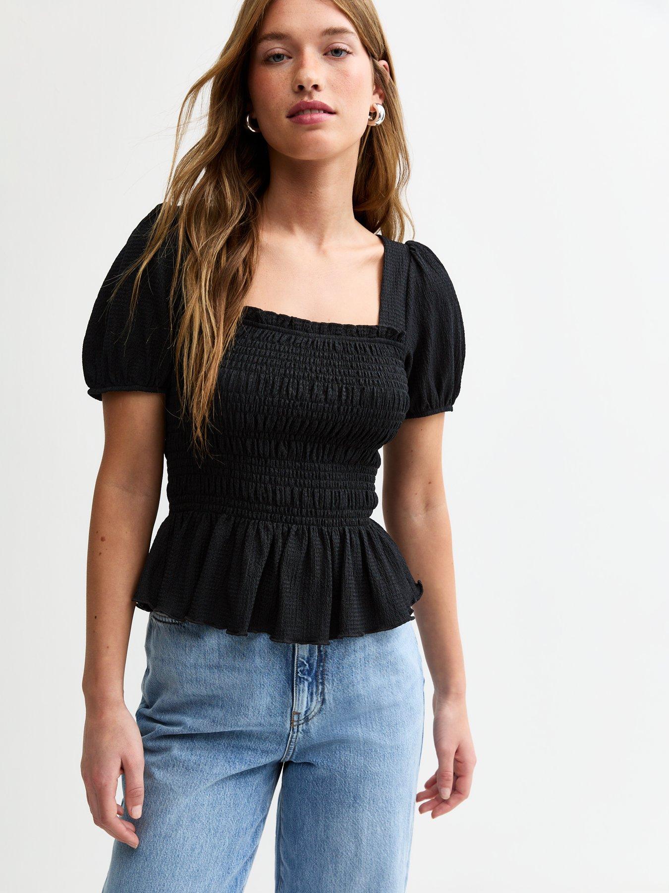 undefined Black Jersey Square Neck Shirred Body Puff Sleeve Top