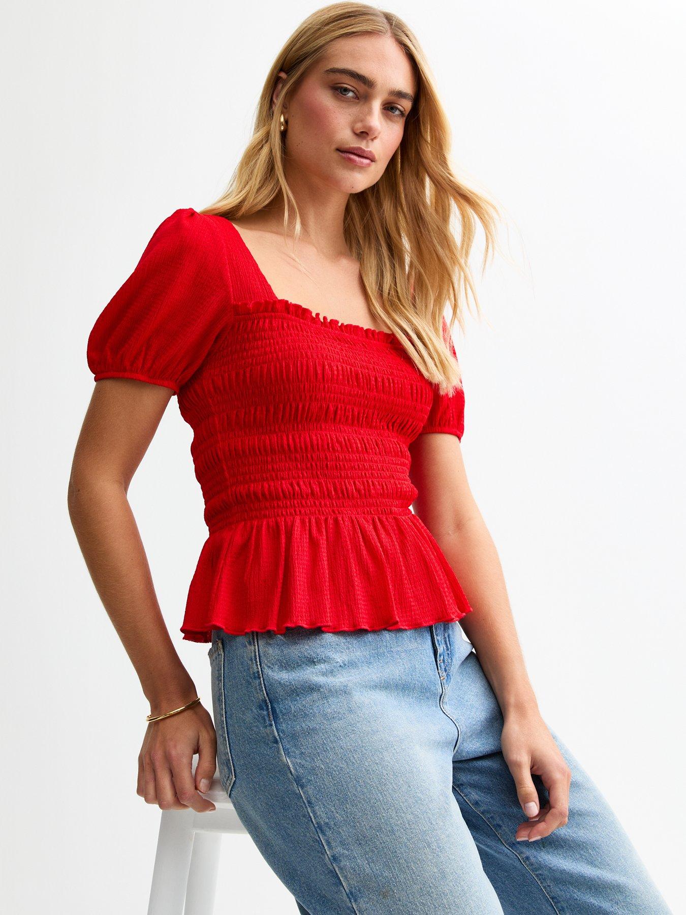 new-look-red-skylar-shirred-puff-sleeve-top