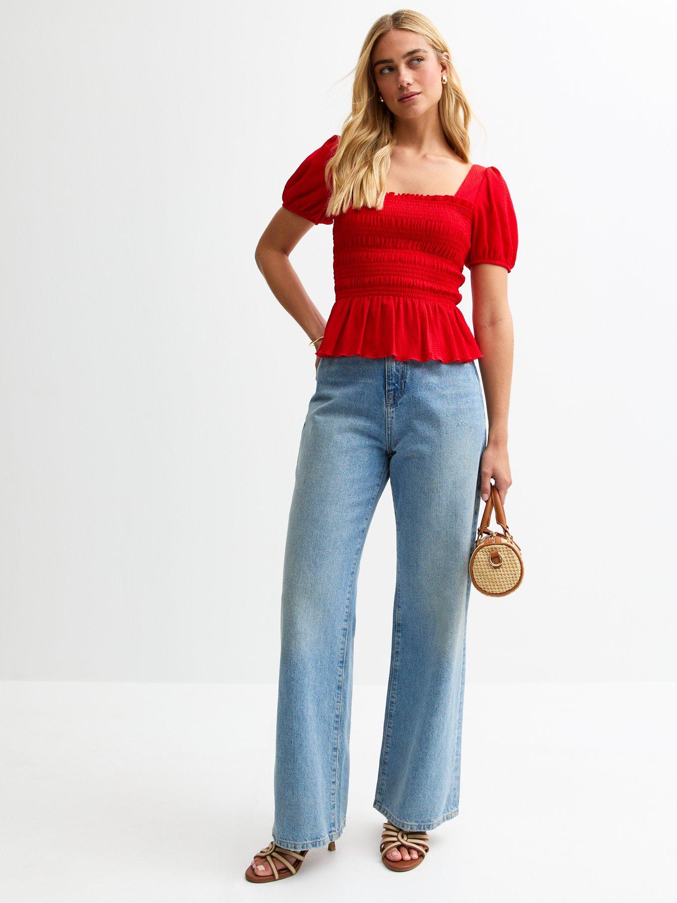  image of new-look-red-skylar-shirred-puff-sleeve-top