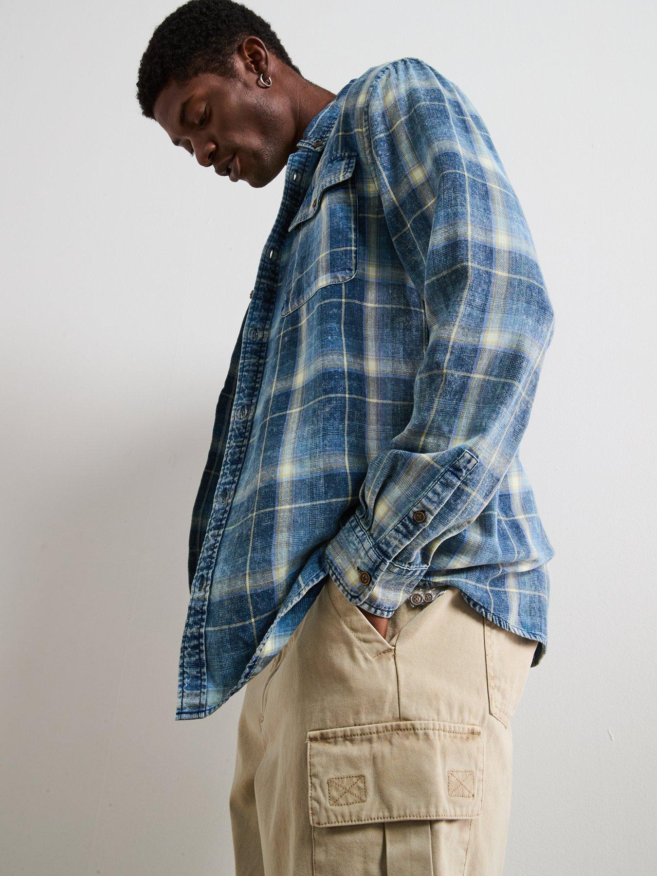 Image 5 of 7 of Very Man Double Pocket Washed Check Shirt - Blue