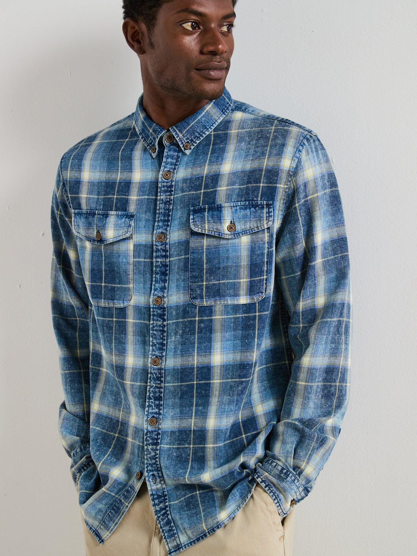 Image 6 of 7 of Very Man Double Pocket Washed Check Shirt - Blue