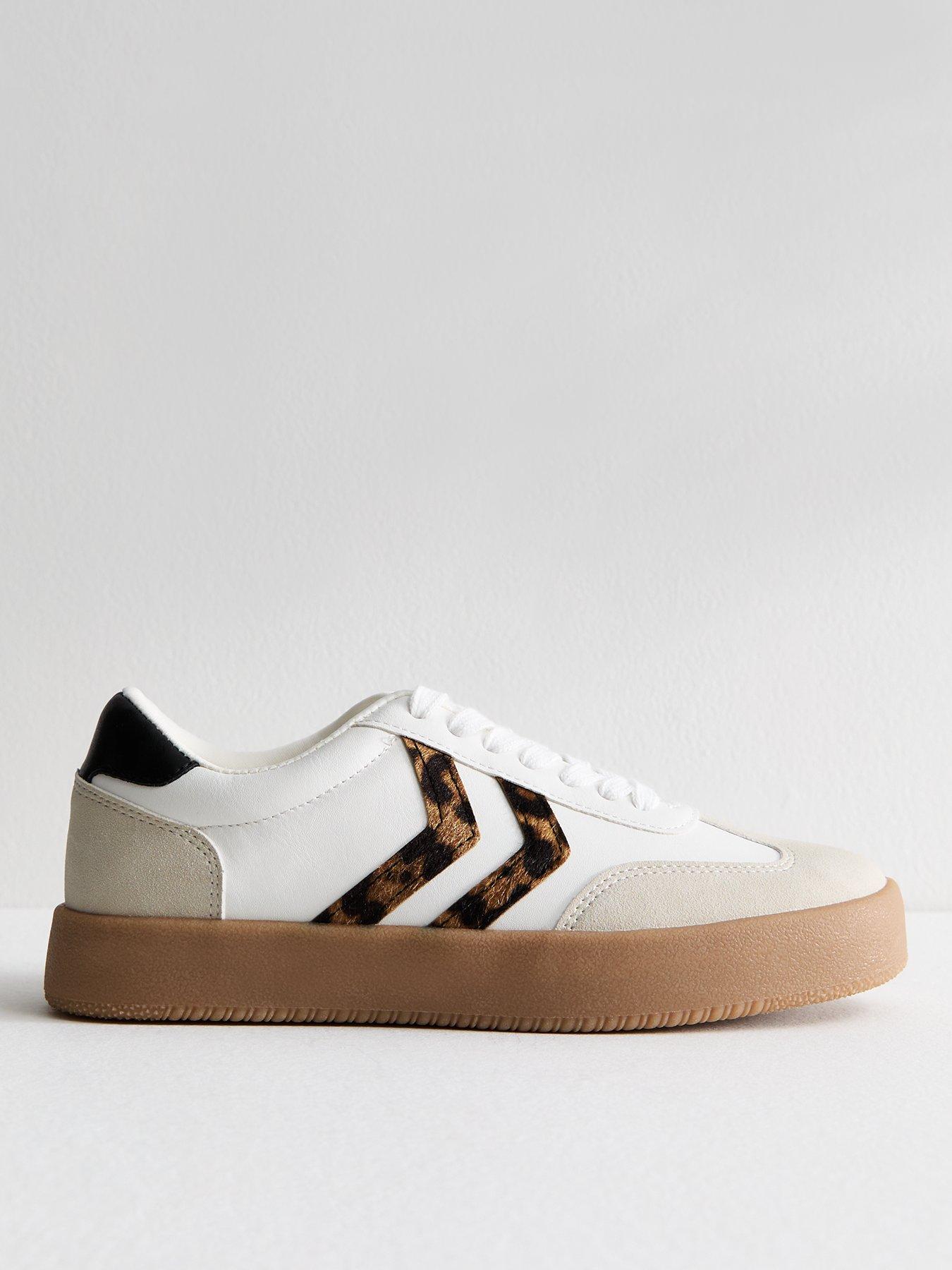  image of new-look-stone-faux-leather-leopard-print-panelled-flatform-trainers-beige